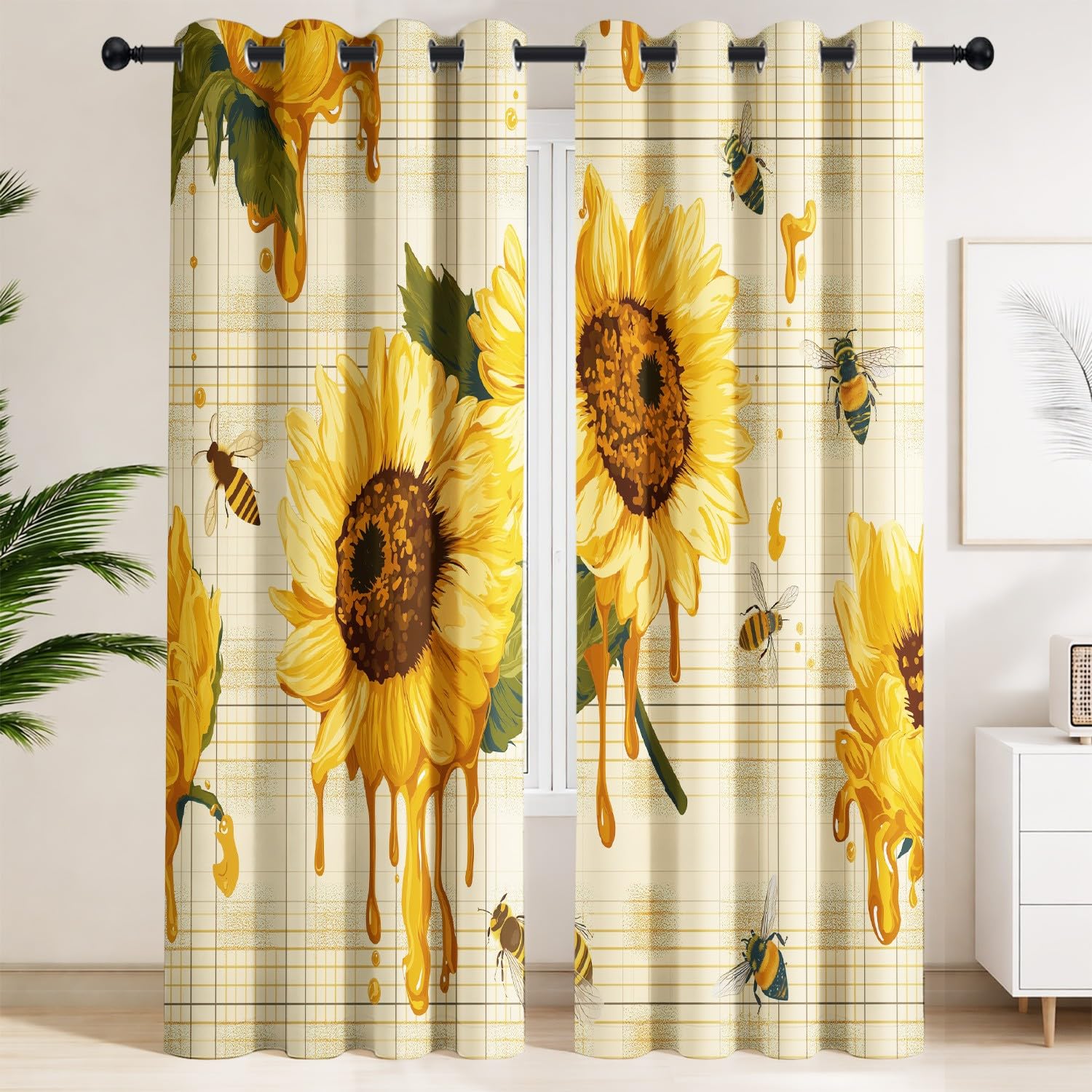 Generisch Zasłony nieprzejrzyste, zestaw 2 sztuk, 120 x 190 cm, niegniotące się, słoneczniki, Gingham z pszczołami, zasłony w realistycznym, słodkim, ciepłym, żywym stylu, do słonecznej sypialni