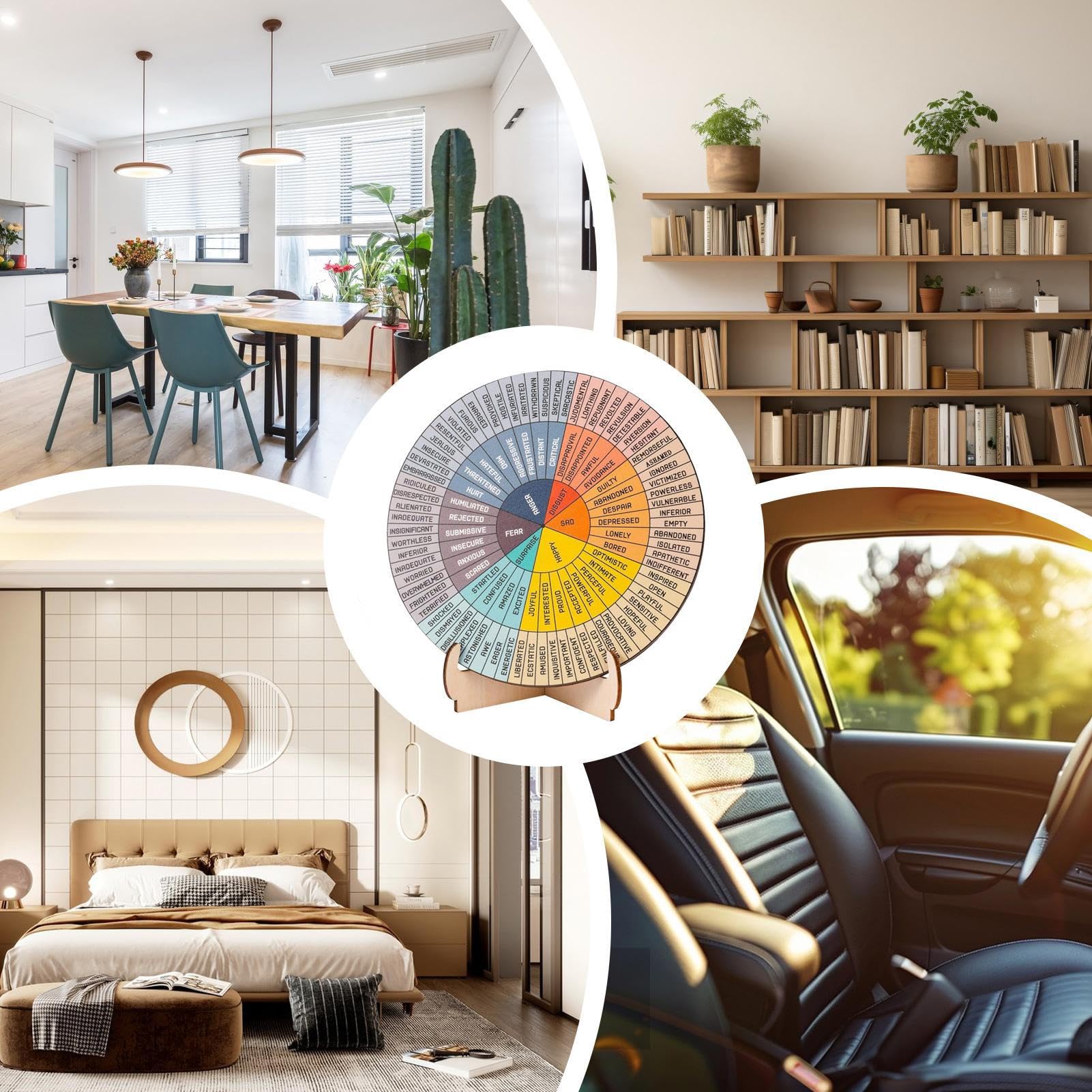 Feelings Wheel With Stand – Tableau d'humeur rond en bois, affichage des émotions double face | Aide visuelle en bois avec indicateur d'émotion, outil de bureau therpi, de l'humeur quotidienne
