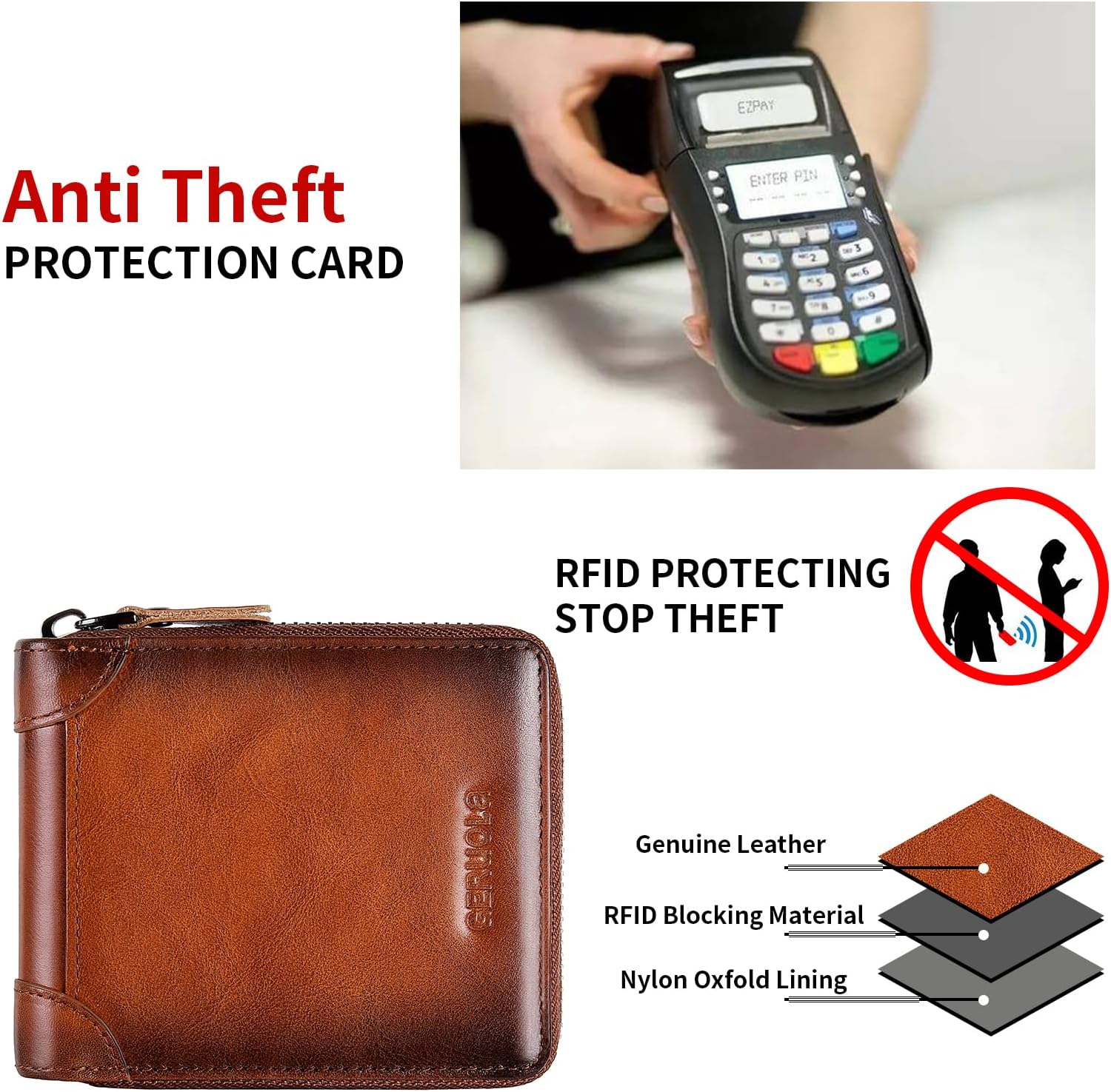 Men's Shielded Wallet Zipper Leather Wallet Men's Bifold RFID Card Case Wallets for Men (Brown) - Image 4
