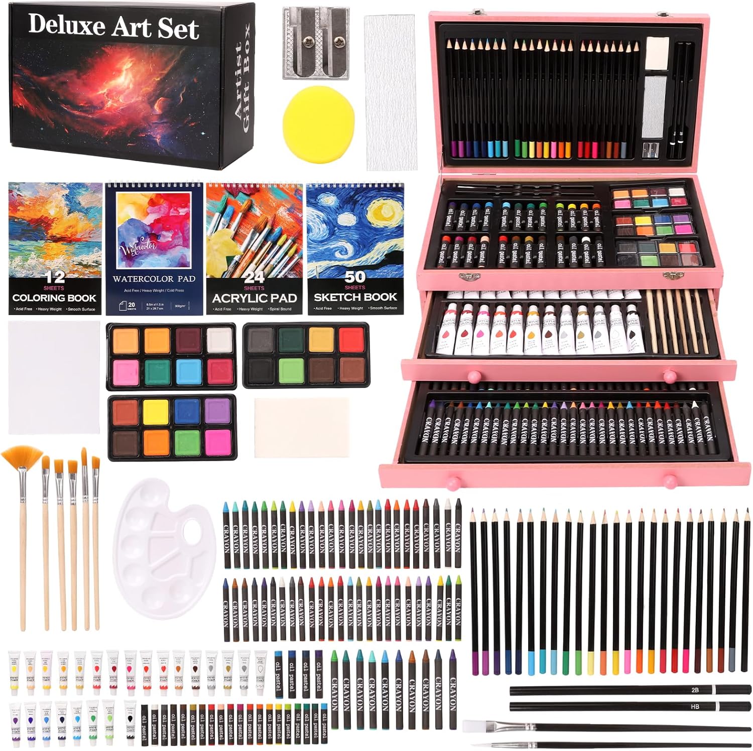 Unmasalu 188 Piece Deluxe Art Set, Comprising Sketchbooks, Acrylic Paints, Crayons, Oil Pastels,Watercolour Cakes,Coloured Pencils Set, Art Kit Gift Box for Adults, Artists (Pink)