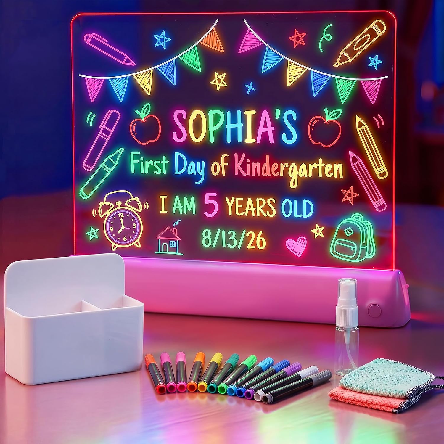 Cordless LED Drawing Board, Kids First Day of School Sign, 11.8×9.8in Pink
