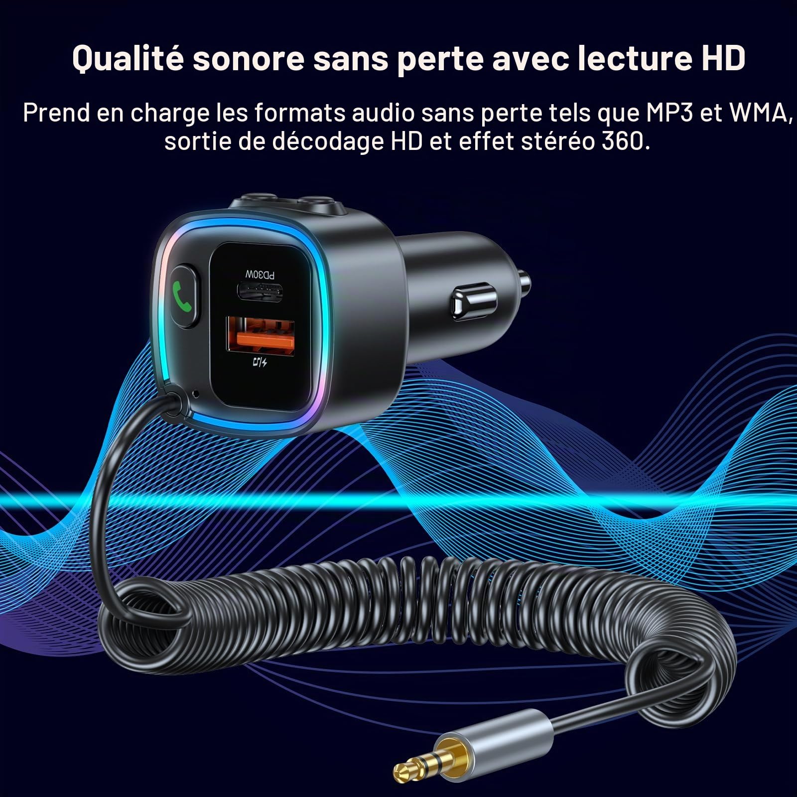 Adaptateur Bluetooth 5.4 Voiture Recepteur Bluetooth Jack Chargeur Voiture 42W(PD 30W & QC 12W) avec Prise Jack 3.5mm Autoradio Enceinte Haut Parleur Amplificateur Appel Mains Libres Support U Disk