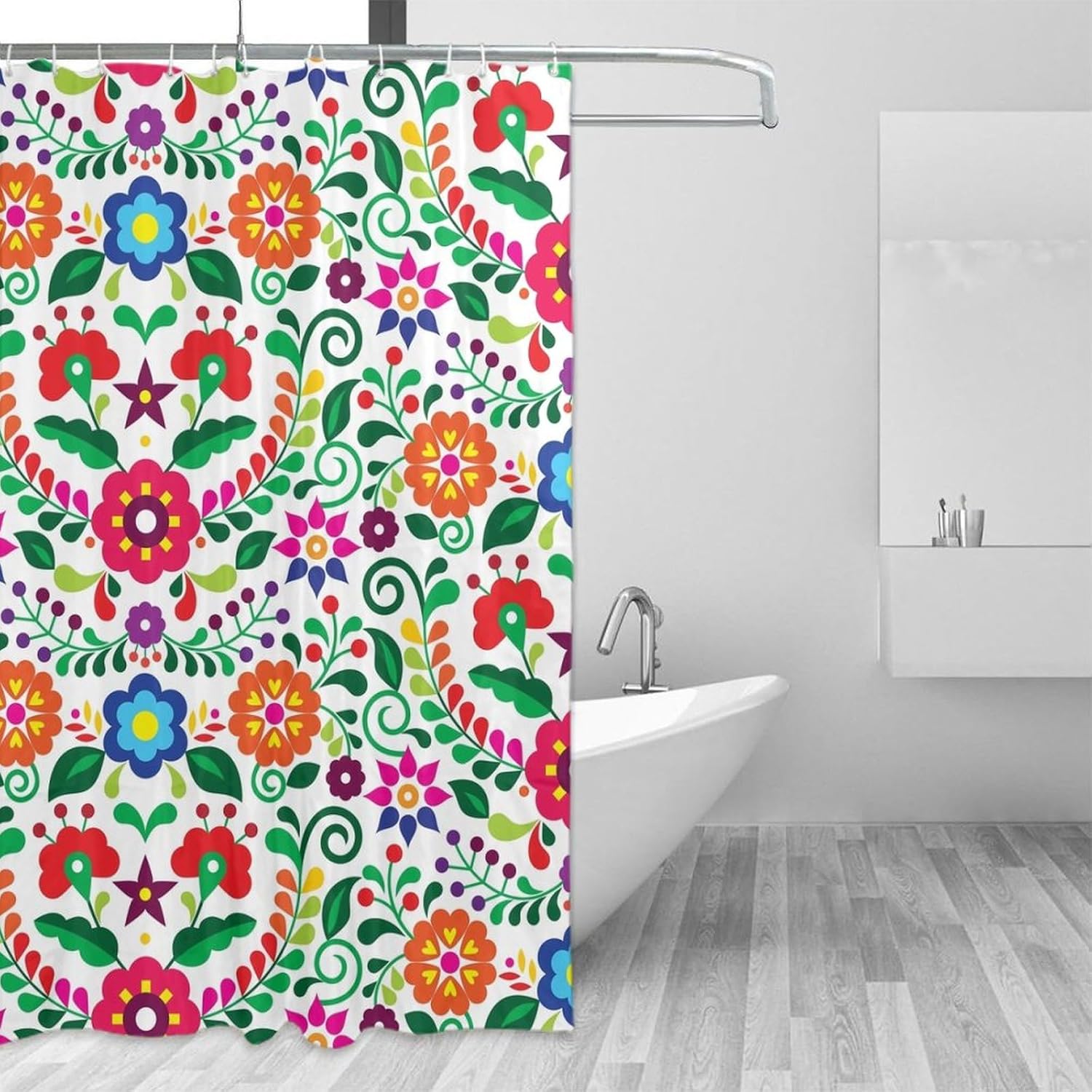 Abstract Flower Shower Curtain,Bohemian Retro Mexican Folk Art Vintage Floral Print Shower Curtain for Bathroom Decor Fabric Waterproof Upholstery Hook 72x72in
