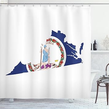Lunarable Virginia Shower Curtain, Old Dominion State Map and Waving Flag Thus Always to Tyrants Motto, Cloth Fabric Bathroom Decor Set with Hooks, 69" W x 70" L, Cobalt Blue Multicolor