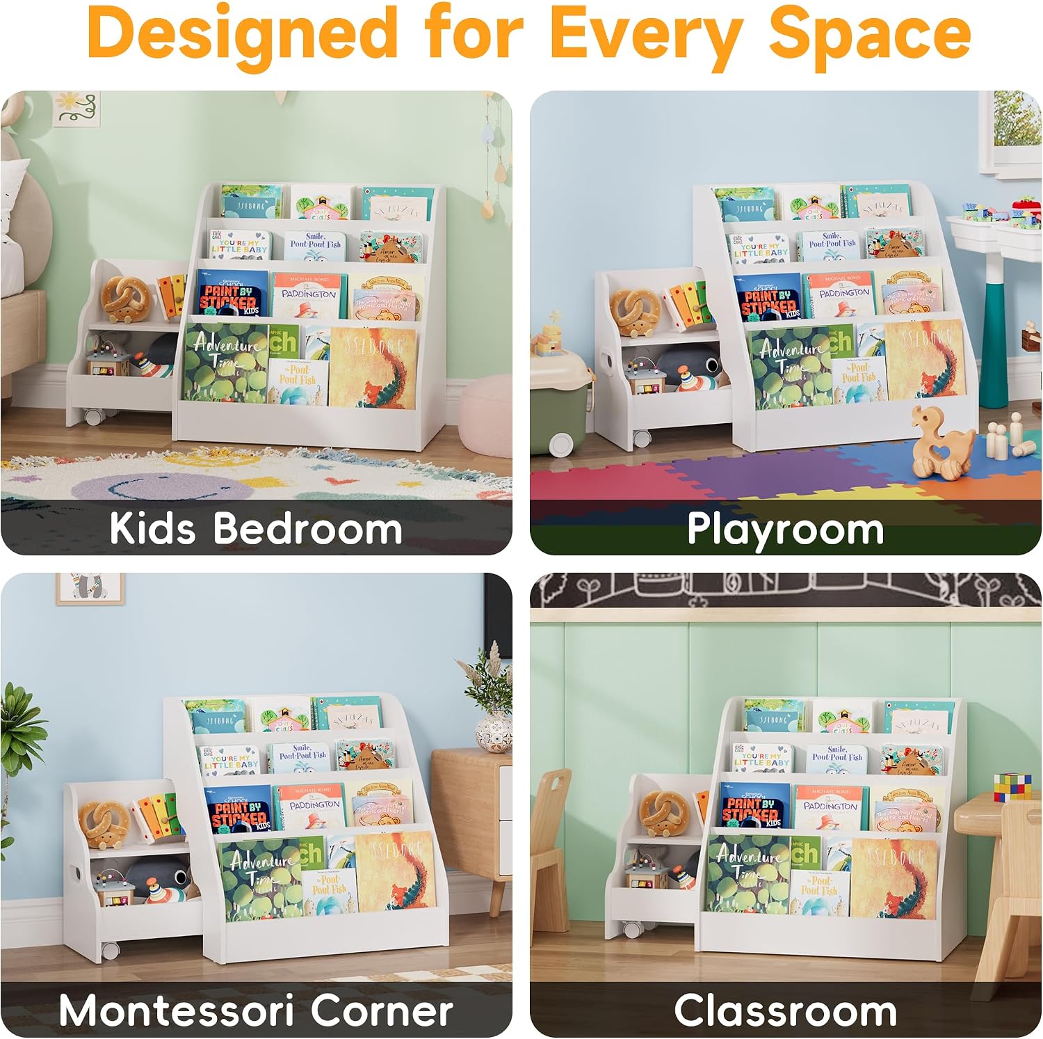 2-in-1 Montessori Kids Bookshelf - Toddler Nursery 4 Tier Wooden Kids Book Shelf, Display Book Shelf for Kids Rooms, Children Bookcasewith Toy Rolling Cart, for Toddler Nursery, Playroom & Classroom