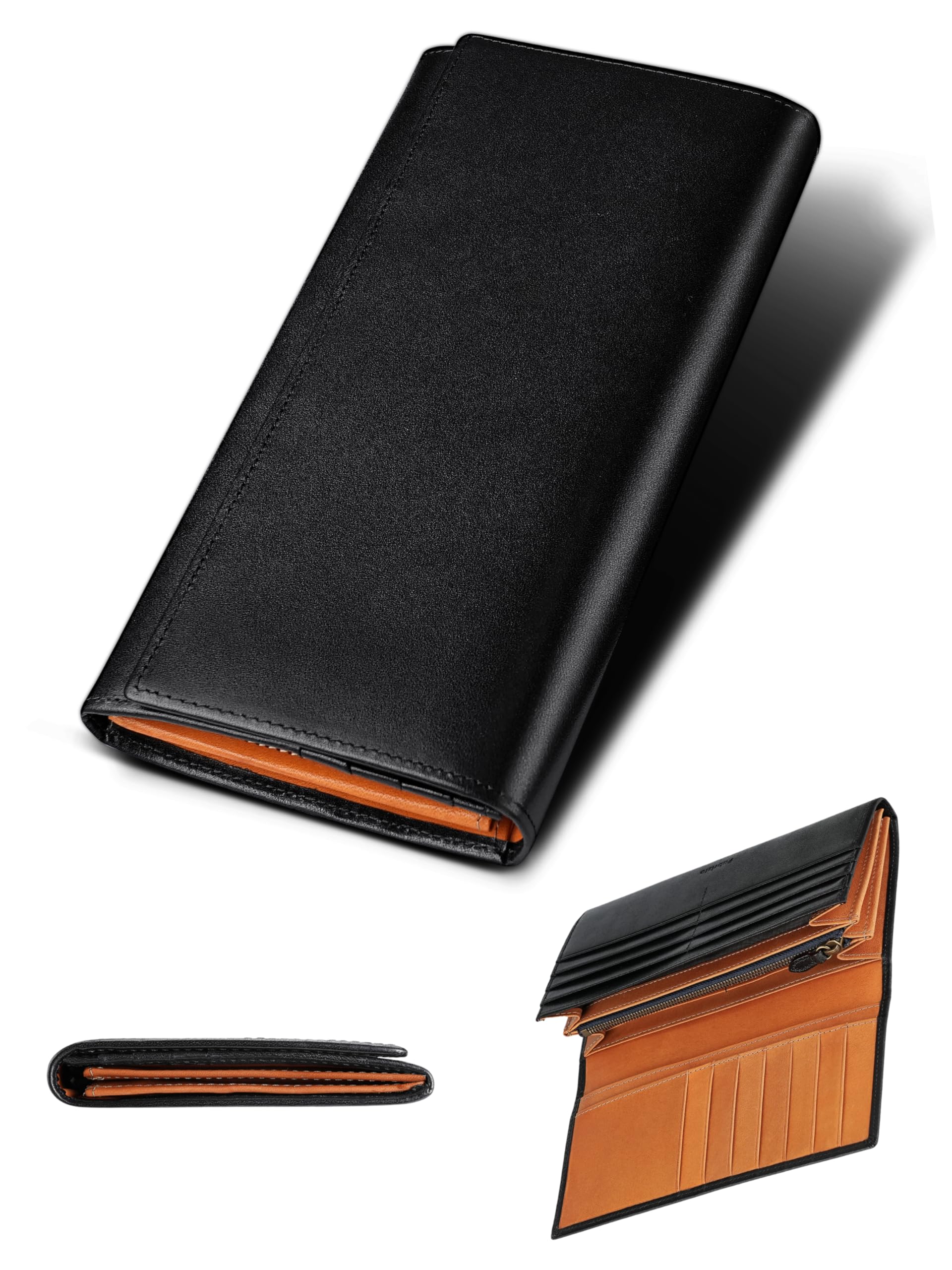 Fabrizio Italian Leather Slim Long Wallet 21 Cards YKK Zipper Black