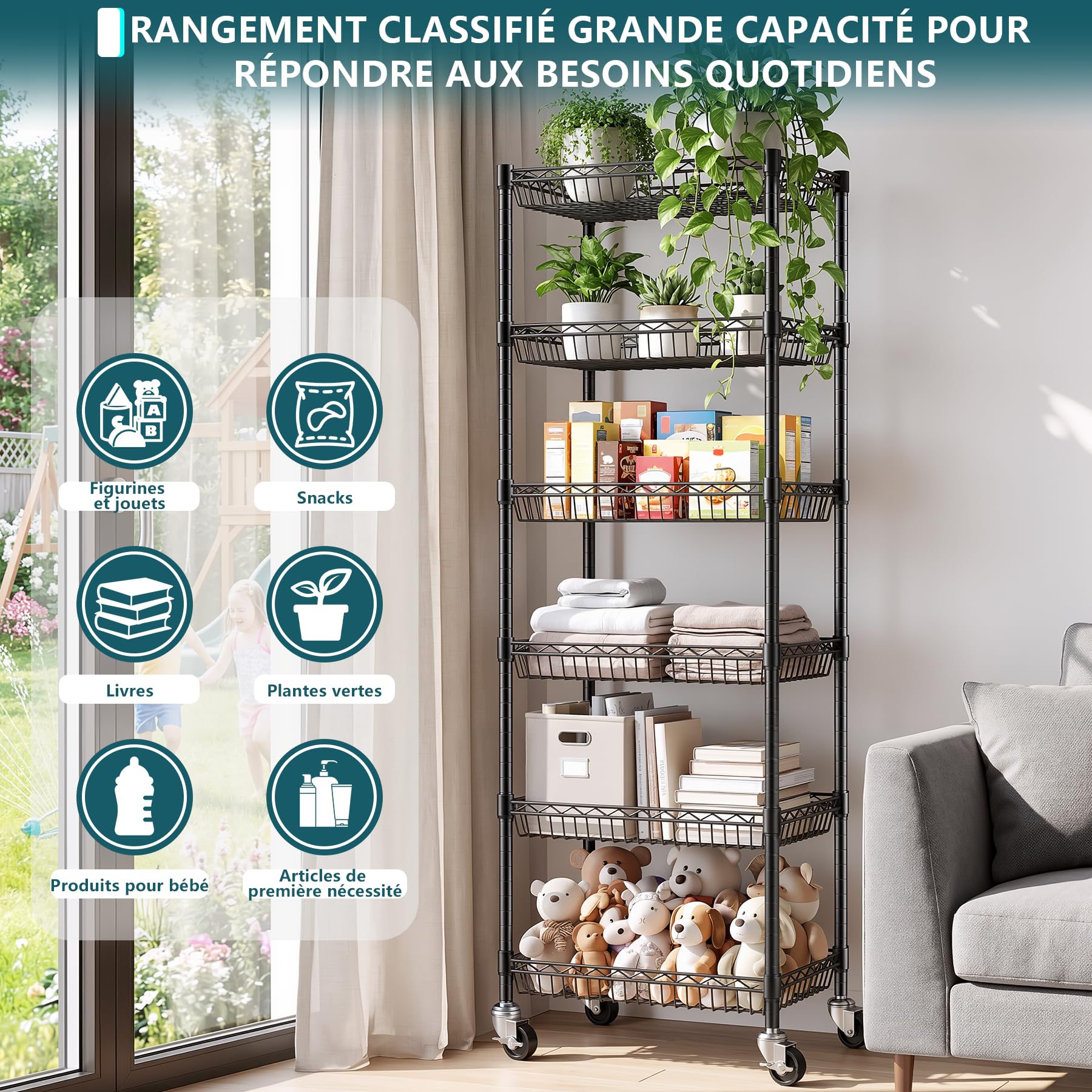Himimi Étagère Métal 6 Niveaux à Roulettes, Étagère de Rangement Réglable en Hauteur Autoportante, Organiseur à Paniers en Fil Métallique pour Cuisine, Salle de Bain, Chambre, Salon,43×30×165 cm, Noir