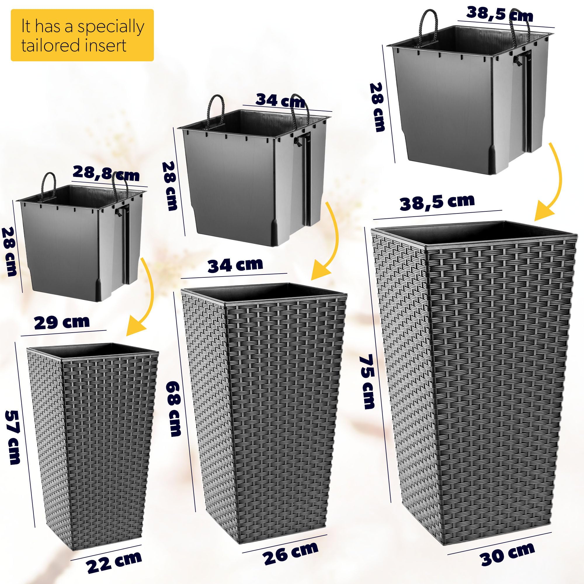 KADAX Lot de 3 Set de 3 Pots de Fleurs Hauts – H 57/68/75 cm – Rotin Graphite – intérieur/extérieur – pour Balcon, Jardin ou Salon