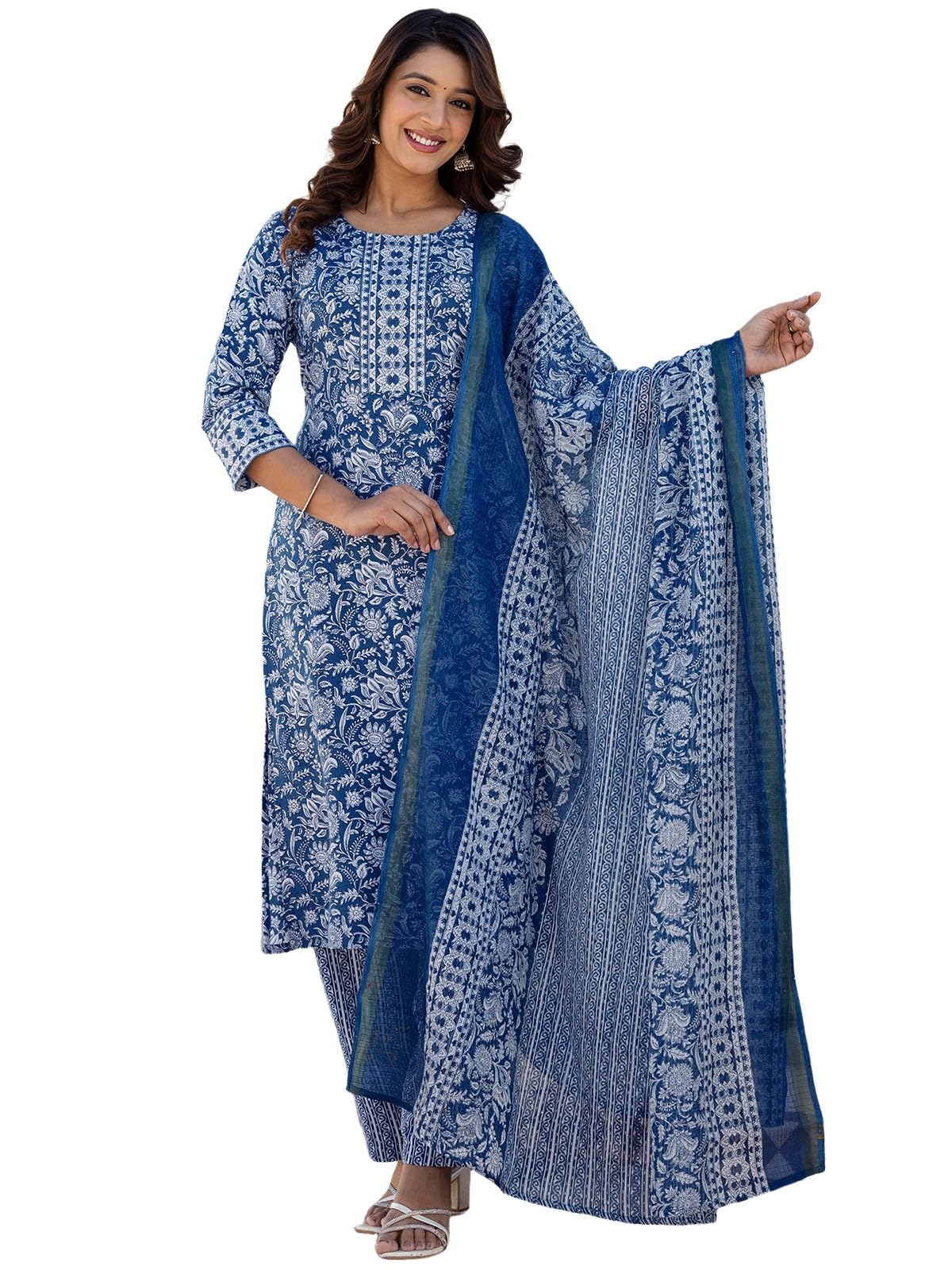 Sanisa Women's Cotton Printed Straight Kurta With Pant And Dupatta Set (230Kbd2435N-L_Dark Blue & White)