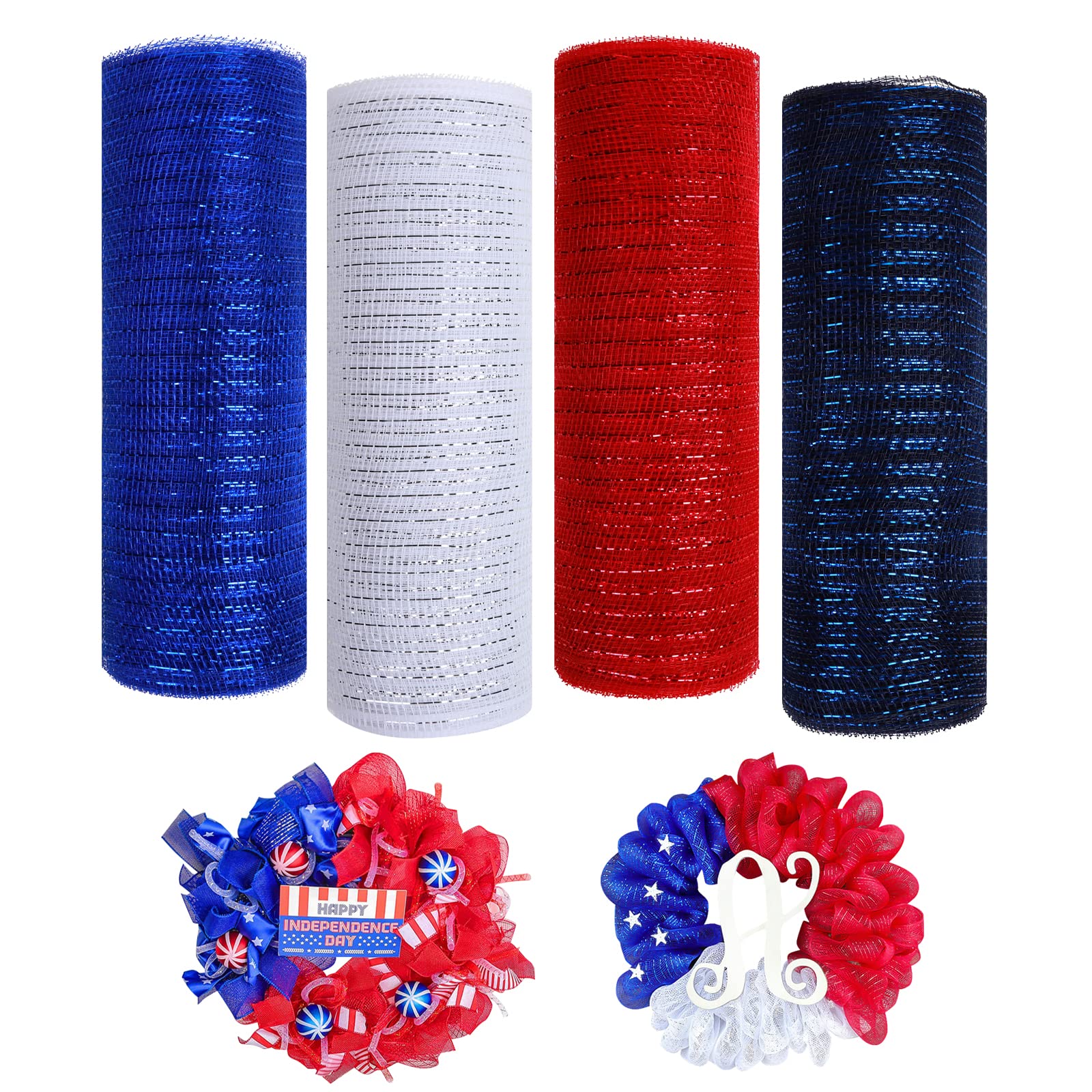 ChYoung 4 Rolls Deco Mesh Ribbon for Wreaths, 10 Inch x 10 Yards Metallic Foil Bow Wreath Making Supplies DIY Crafts Set for 4th of July Thanksgiving Day Fall Halloween Christmas Wedding Party Decor