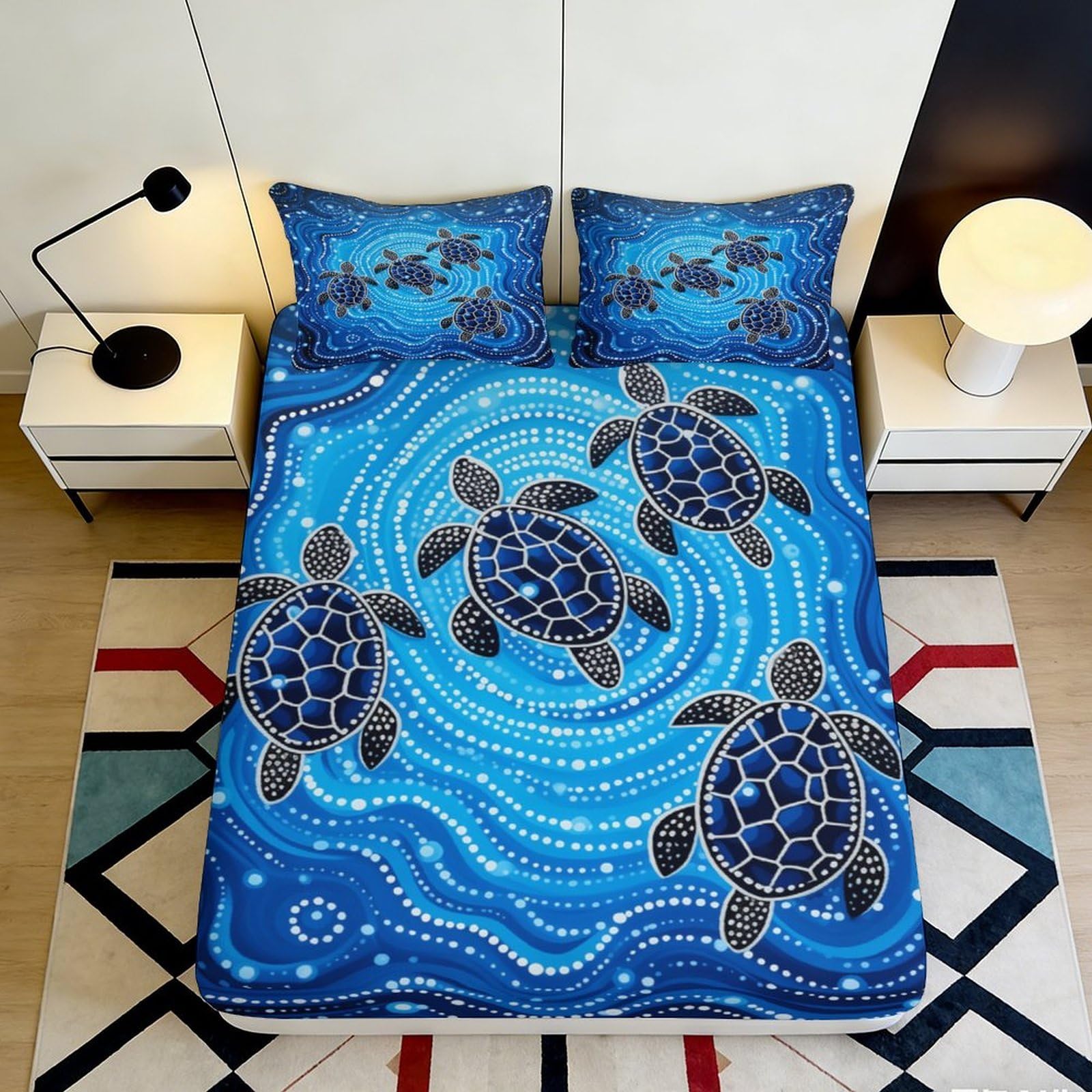 3D Printed Sea Turtle Ocean Blue Fitted Sheet Microfiber Soft Breathable Water Ripple Mattress Cover for Bedroom Guest Room 120x200x25cm