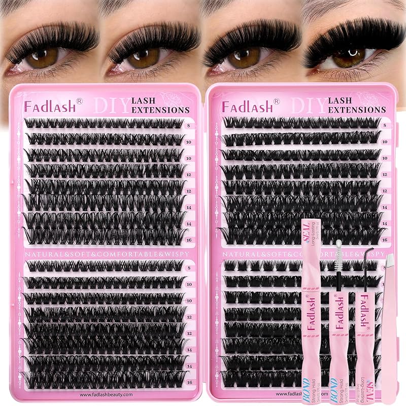 FADLASH Kit de cílios em tufos D Curl 60D+80D+100D+150D, 552 unidades de 8 a 16 mm com cola e selante e pinça