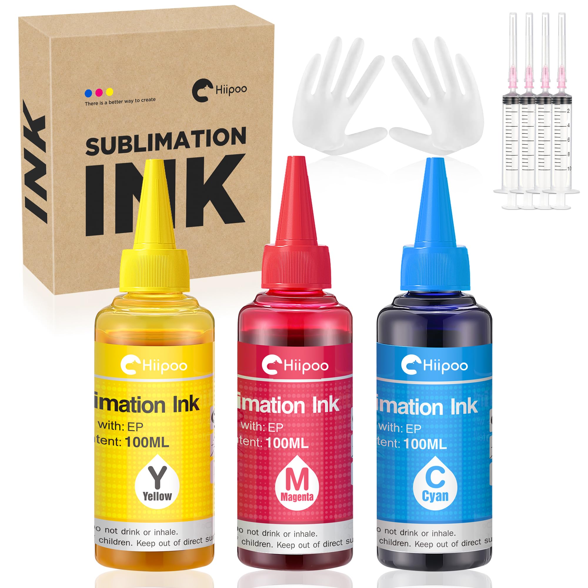 Hiipoo Sublimation Ink Refilled Bottles with Heat Tape Refill for ET2400 XP4105 XP4100 ET2720 ET2760 ET2750 ET4800 ET-2800 ET-2803 ET-2850 Inkjet Printers Heat Press Transfer on Mugs T-Shirts(CMY)