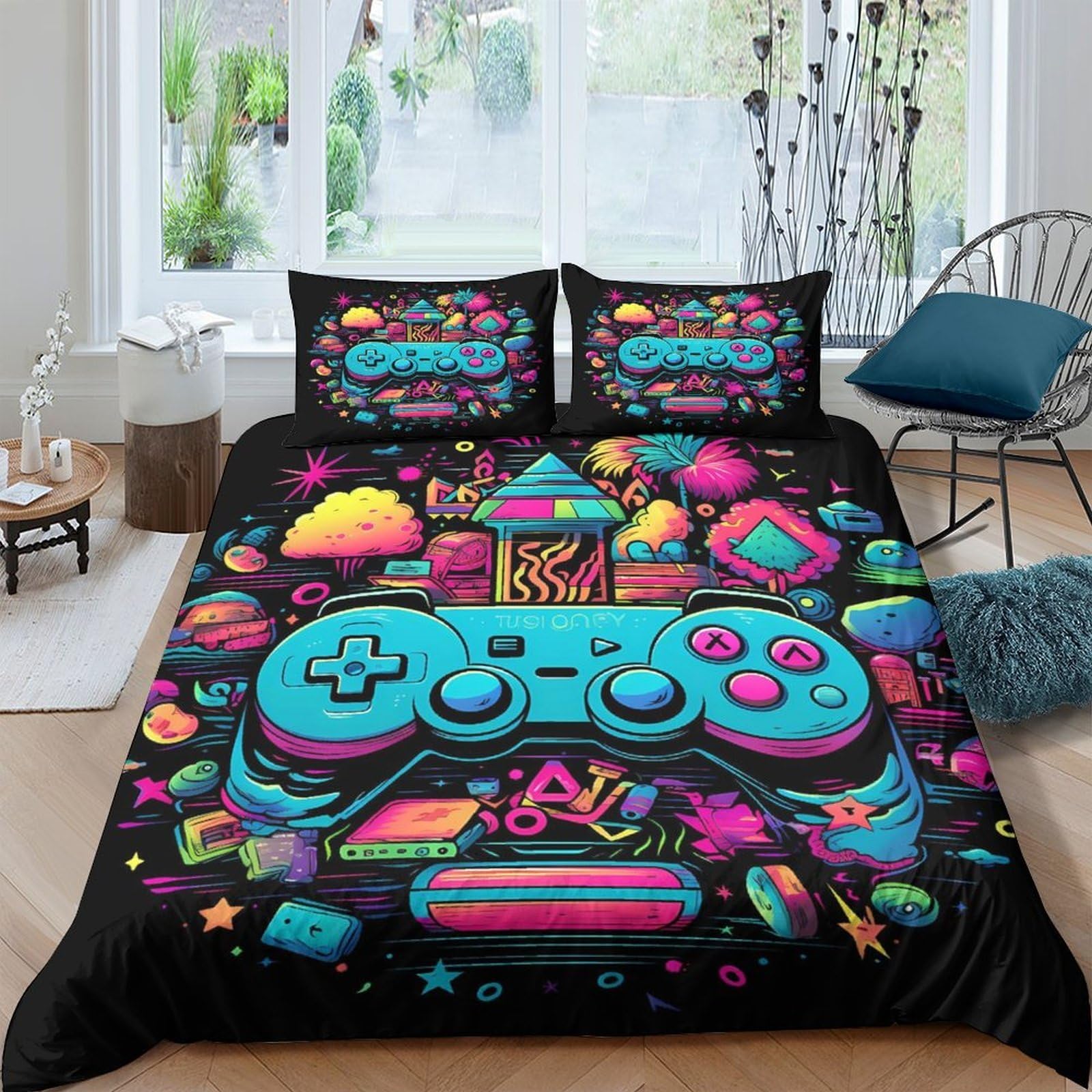 Ctjqhvkz Style-1 3D Printed Neon Gamepad Fitted Sheet Microfiber Soft Black Graffiti Cartoon Bed Cover For Bedroom Dorm Mattress Protection Decor Single（135X200cm）