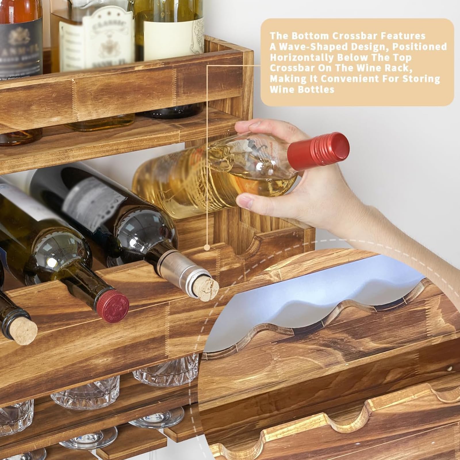 Amazon｜素朴な木製壁掛け酒瓶ディスプレイ棚、ガラスホルダーと4本