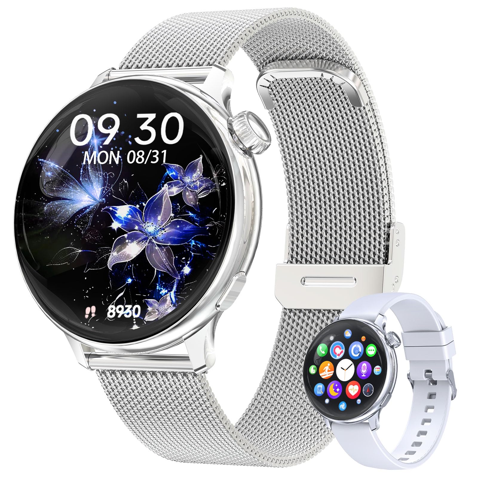 Reloj Inteligente Mujer, 1.27″HD Smartwatch Mujer con Llamadas Bluetooth, Alexa,120+ Deportivos Modos, IP68 Impermeable/Función Femenina/Pulsómetro/Monitor de Sueño/Calories para Android iOS, Plateado