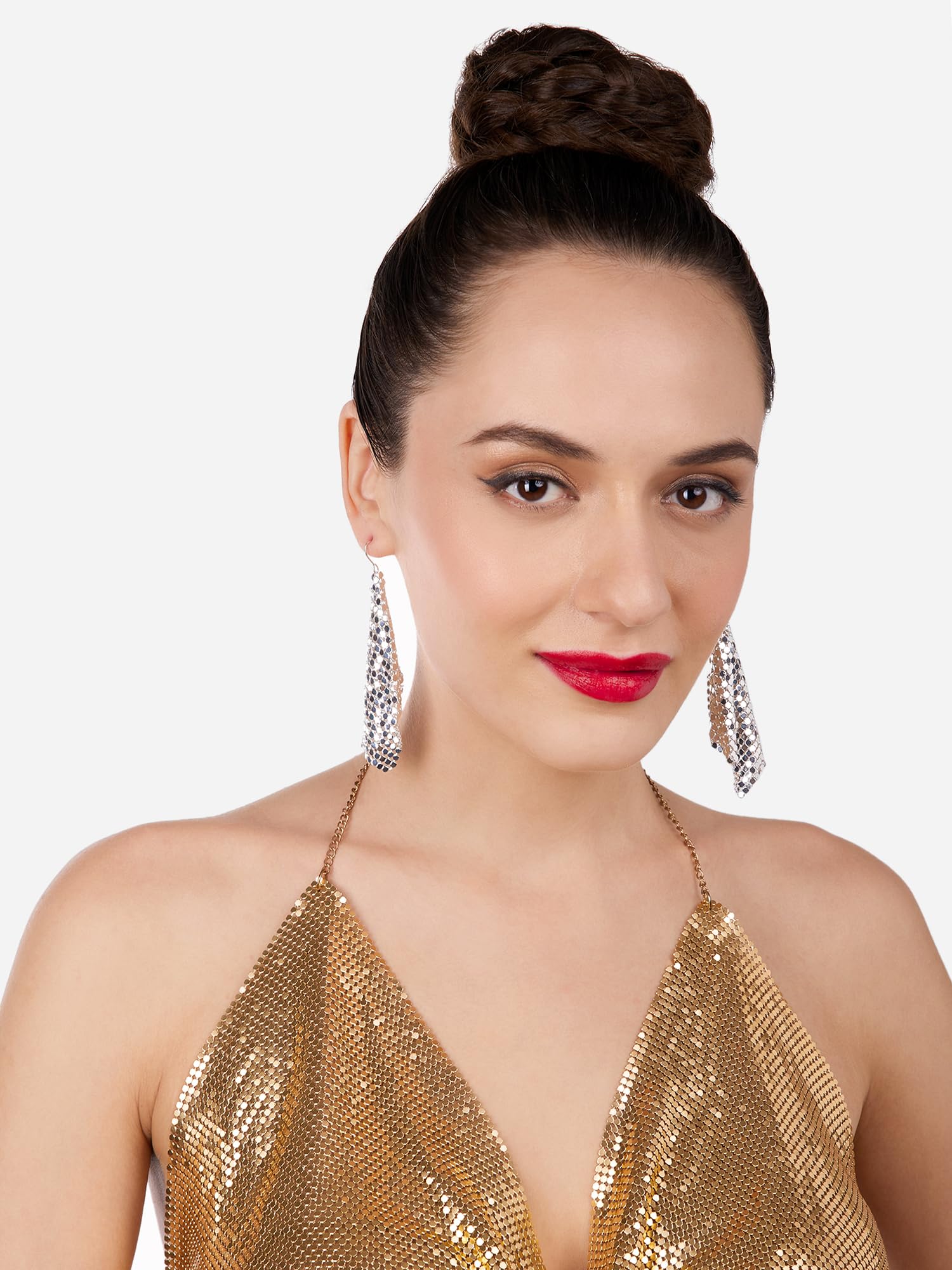 Austrian Diamonds & Metallic Mesh Grid Sequins Drop Earrings