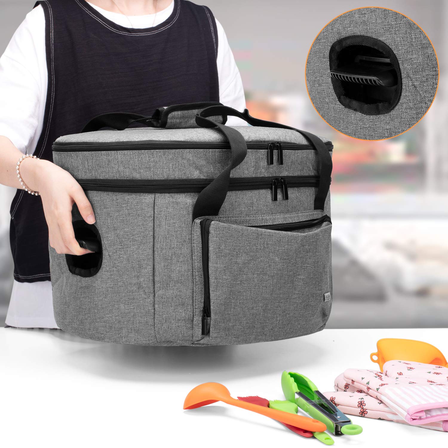 Bolsa de cocción lenta de doble capa (con una almohadilla inferior y correas de cierre de tapa), transportador aislado se adapta a la mayoría de ollas de cocción lenta ovaladas de 6 a 8 cuartos 6