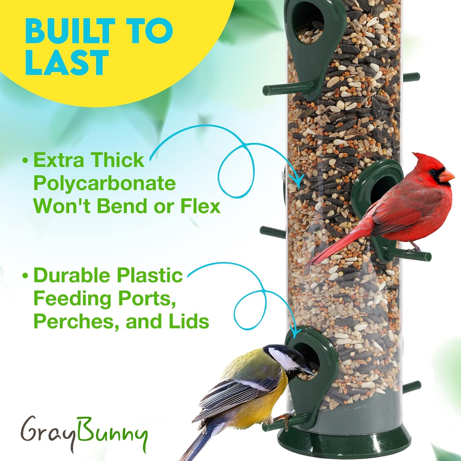 Gray Bunny Tube Bird Feeders for Outdoors Hanging, Premium Hard Plastic Bird Feeder with 6 Bird Perches & Steel Hanger, Weatherproof & Water Resistant : Patio, Lawn & Garden
