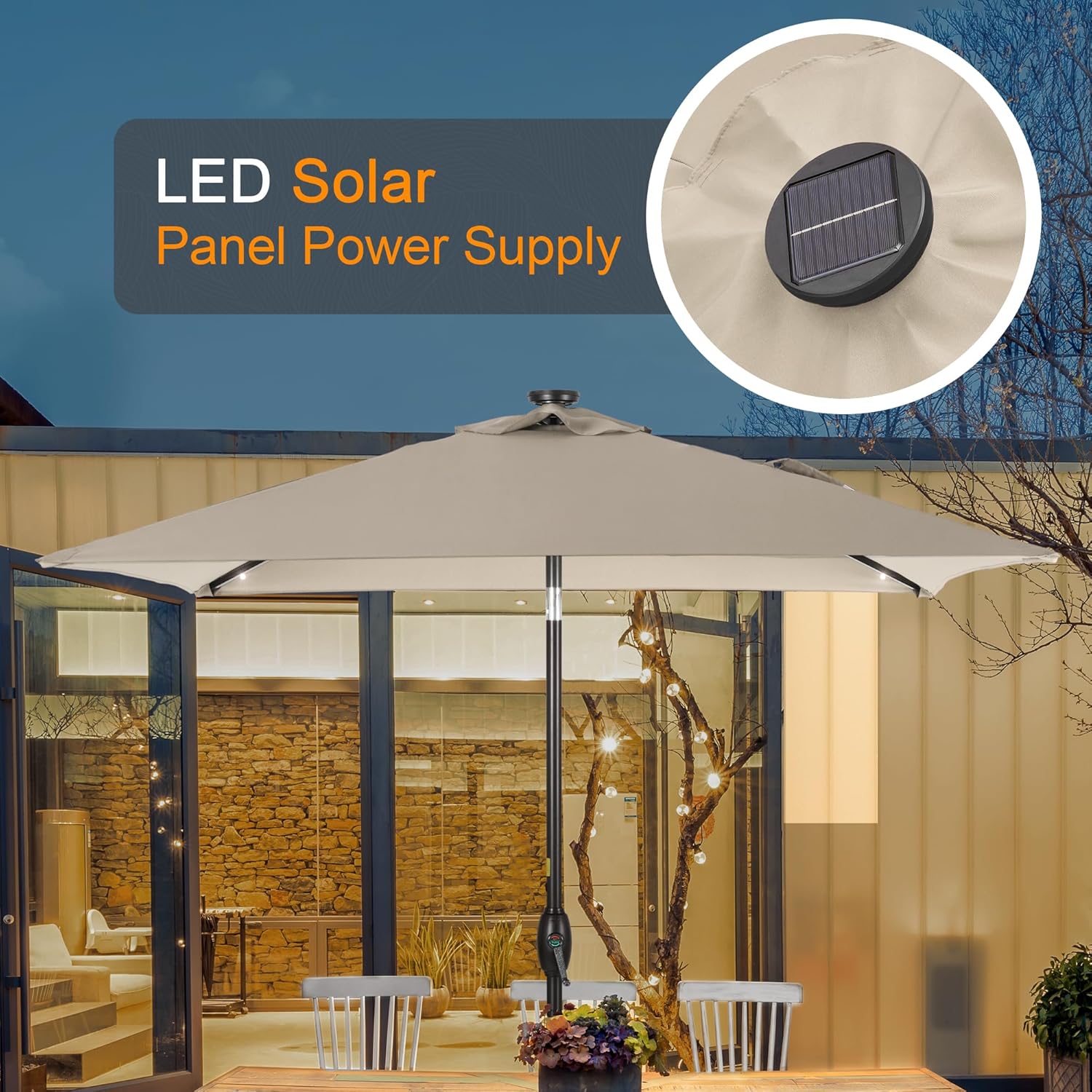 Square Patio Umbrella With Solar Lights, 6.5x6.5ft Square Umbrella Outdoor Patio with Tilt and Crank for Pool, Deck, Garden,Backyard