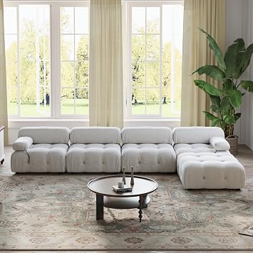 WJShome Modular Sectional Sofa, 103.95 inch Convertible Sofa Couch,L Shaped Velvet Minimalist Couch for Living Room, 4 Seater+1 Ottoman Modern Large Free Combination Sofa Beige, 5 Seater