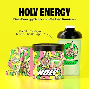 HOLY Energy Gaming Booster 'Lemon Lizard' with Lemon & Cucumber Flavour Powder 50 Servings with NewCaff & Green Tea Extract Focus Booster Focus Drink Vegan with 100% Natural Fruit Flavours