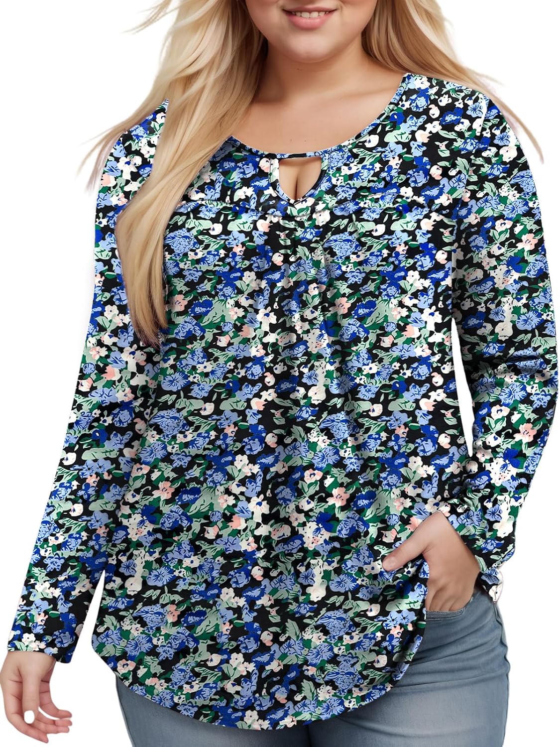 VISLILY Womens-Plus-Size-Dressy-Tops Trendy Keyhole Crewneck T Shirts Casual Long Sleeve Tunics Flowy Pleated Blouses XL-5XL - Image 2