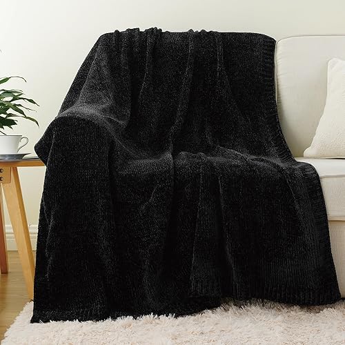 Miniatura 2 de BATTILO HOME Manta negra de felpilla tejida para sofá, cama, silla, sofá, manta de punto negro acogedora y suave, 51 x 67 pulgadas