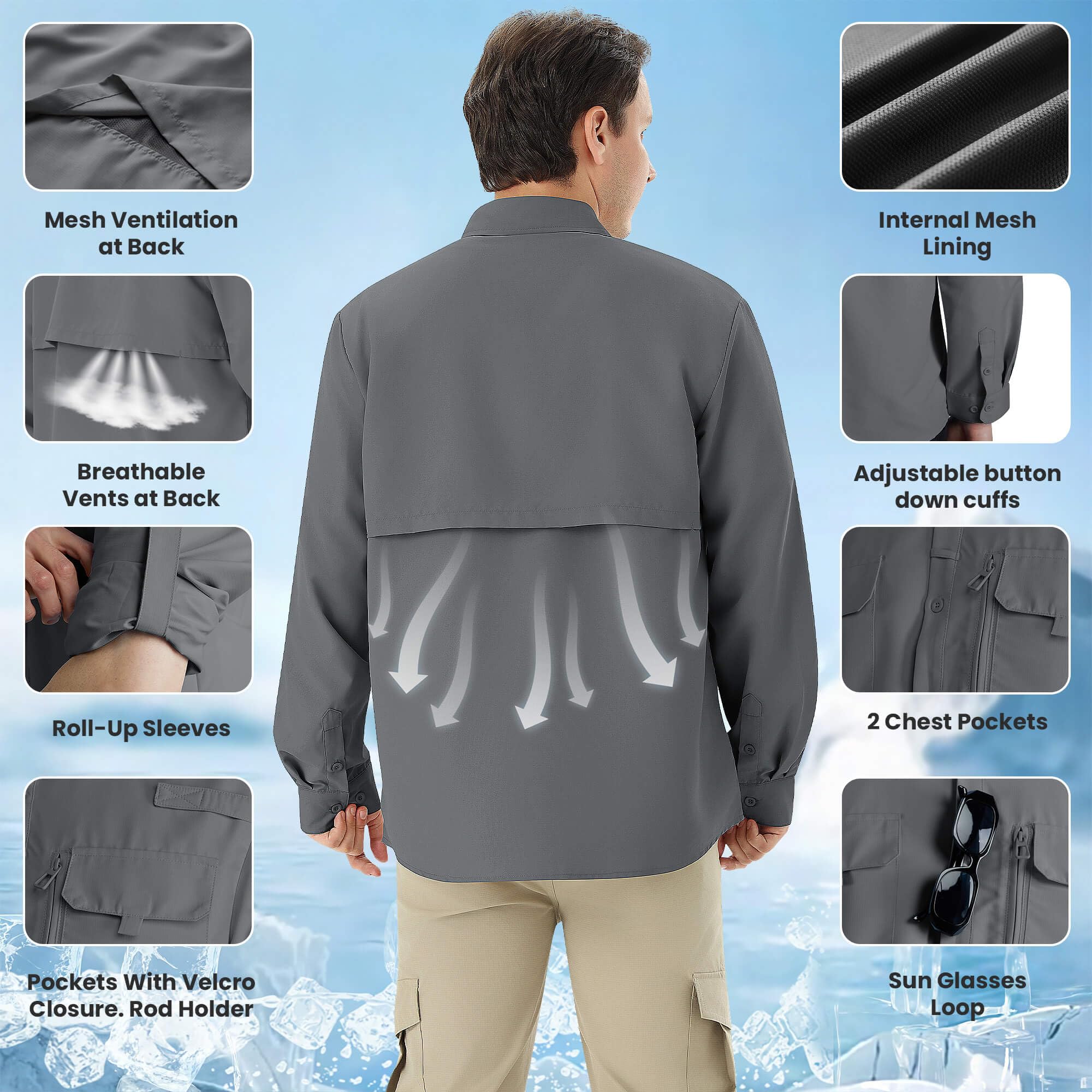 Camicia Uomo Casual Outdoor per Escursionismo e Pesca, Camicia Protezione Solare UPF 50+ Asciugatura Rapida, Camicia Tecnica Traspirante Manica Lunga per Trekking Viaggio