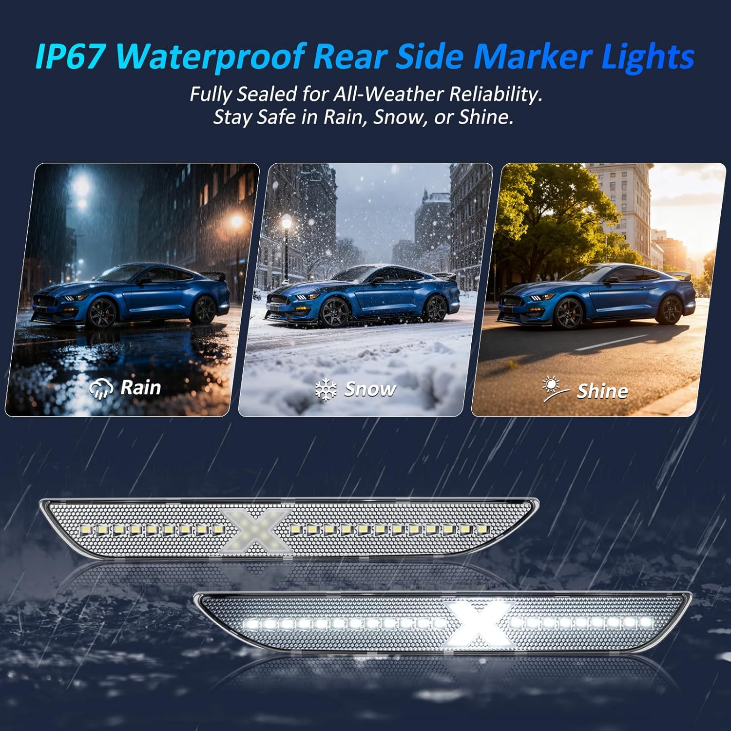 Bestview 2PCS Rear Side Marker Lights for Ford Mustang 2015-2023: X-style White Fender Side Markers Reflectors Lights, Waterproof Parking Lamps, Driver&Passenger Side Bumper Lights, Clear Lens