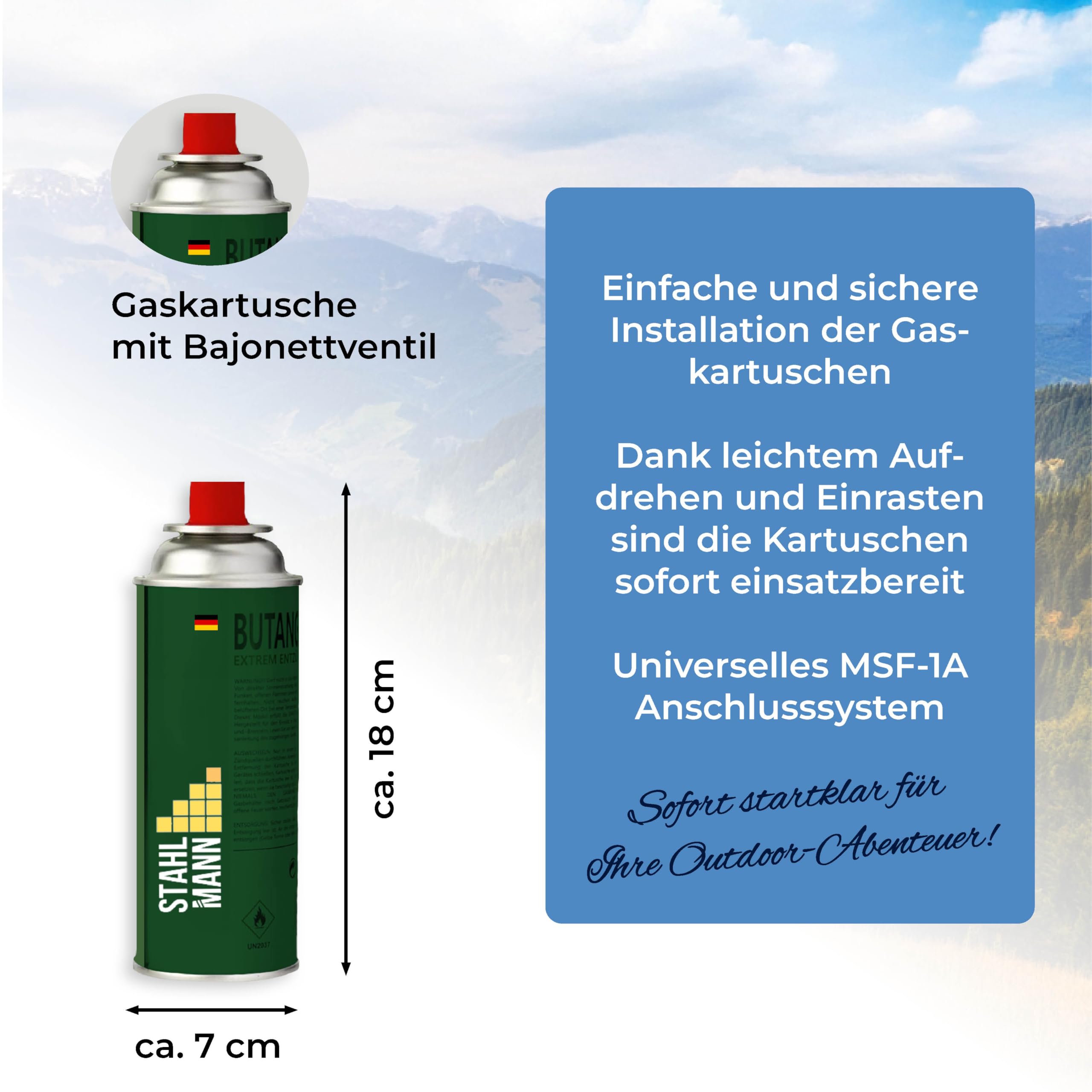 STAHLMANN® Gaskartuschen 227g MSF-1a Ventil Butangas Kartusche Campingkocher Grill Gaskocher