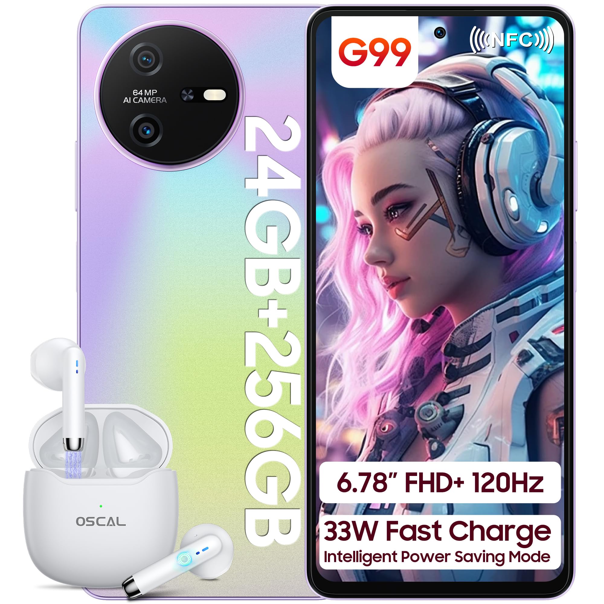 OSCAL Tiger 12 Smartphone, 24GB+256GB/1TB-TF, MediaTek Helio G99, 6.78" FHD+ 120Hz, 33W Ricarica Rapida, 64MP Telefono, Android 13, 4G Dual SIM Telefono Cellulare 3 Slot/NFC/OTG/GPS/3.5mm Jack Viola