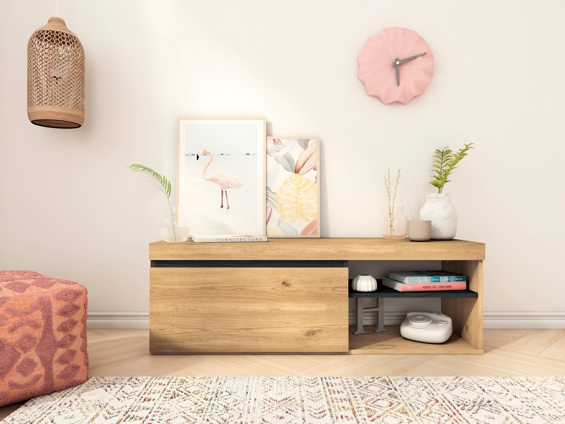 Meuble TV Naturale Chêne/Noir 160cm - Rangement Pratique Pour Salon Avec étagères Et Placards
