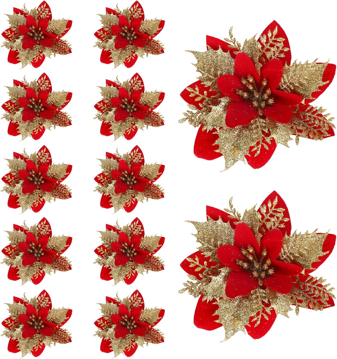 12pcs Christmas Poinsettia Artificial Flower Decoration, 13cm/5in Glitter Floral Picks with Clips & Iron Wire for Xmas Tree Wreath Garland Wedding Party Decorations 12pcs Christmas Poinsettia Artificial Flower Decoration, 13cm/5in Glitter Floral Picks with Clips & Iron Wire for Xmas Tree Wreath Garland Wedding Party Decorations