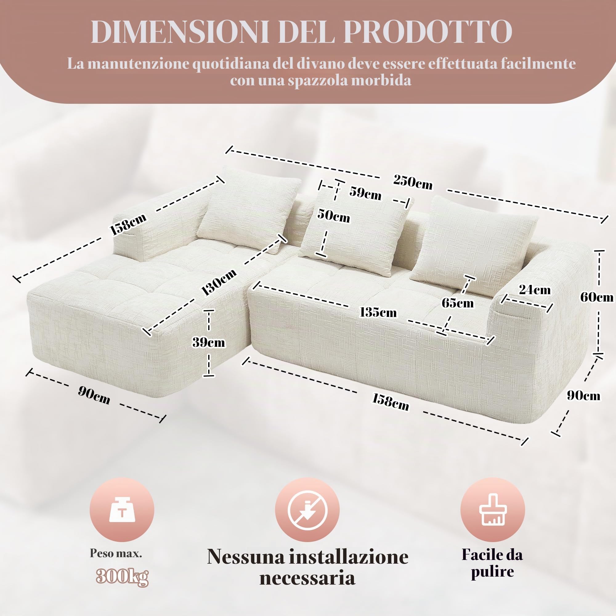 Divano angolare estensibile da 250 cm, divano letto angolare modulare a forma di L, divano compresso, divano a 3 posti con cuscini, tasca laterale, divano a 2 posti + angolo, Beige