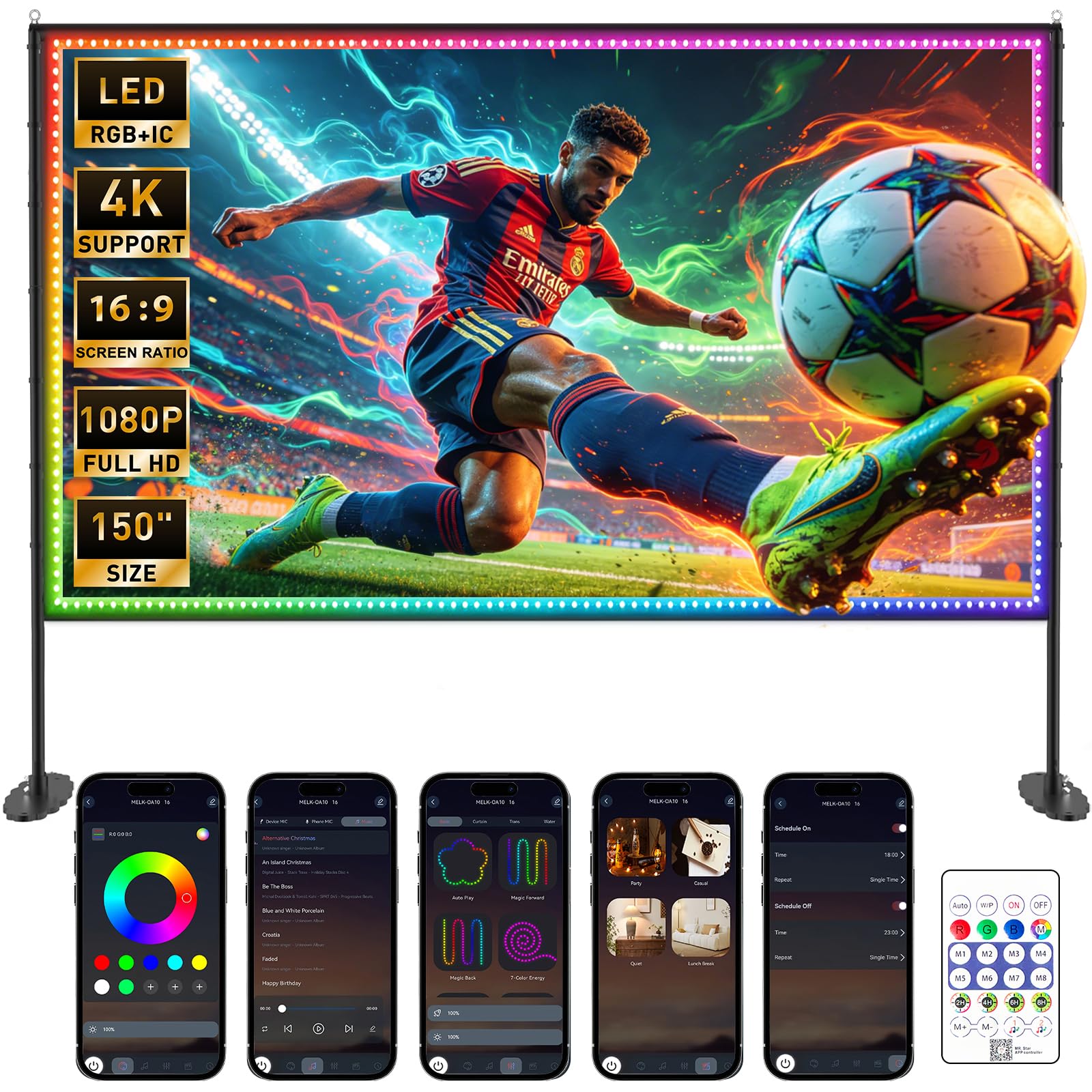 Photo 1 of 150 inch Projector Screen with Stand, USB String Lights Connection 16:9 4K HD Portable Movie Screen Indoor Outdoor,Wrinkle-Free Foldable Projection Screen for Home Theater Backyard, Office, Travel