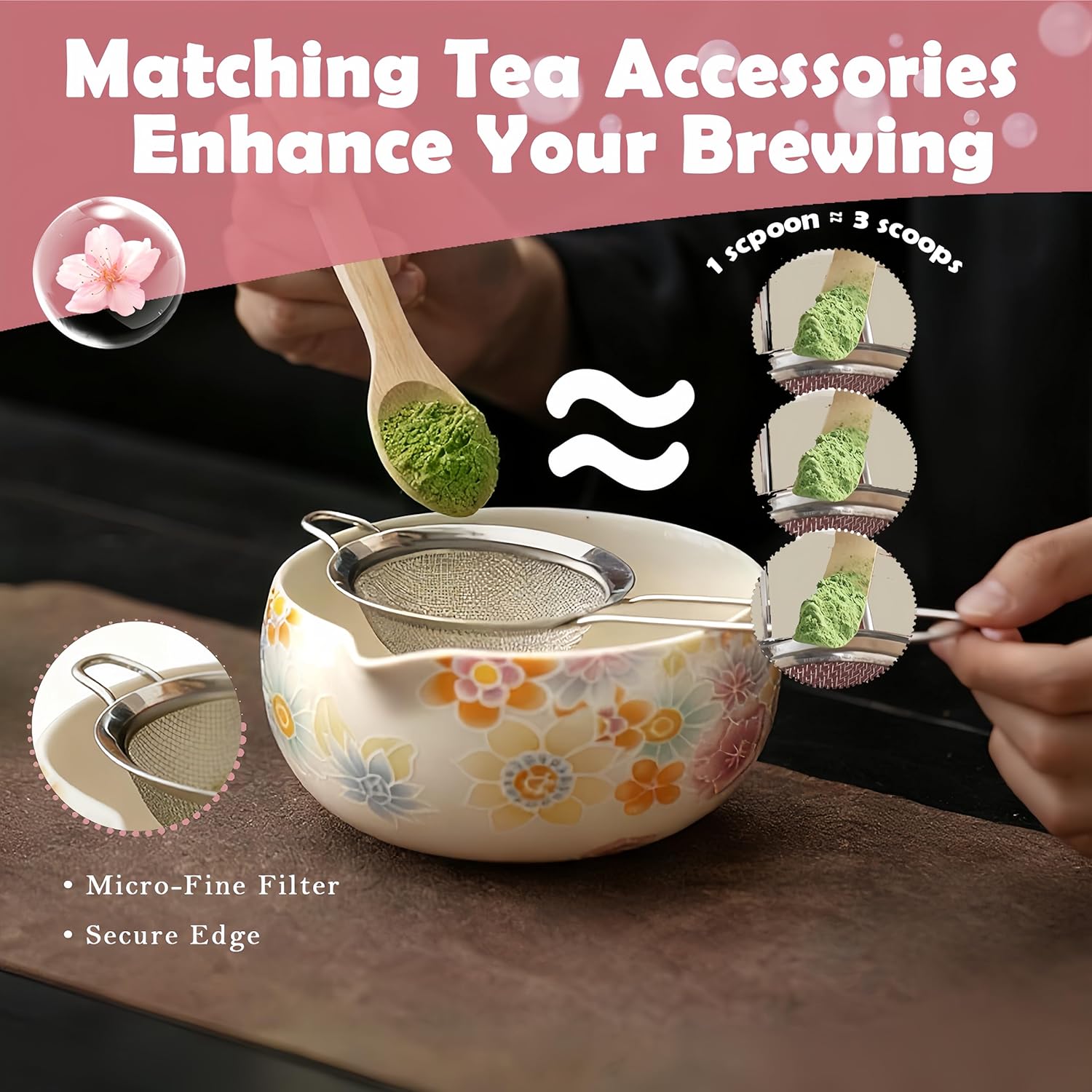 Matcha Whisk Set with Ceramic Bowl, Bamboo Whisk & Scoop, Holder, Matcha Sifter, Scoop Rest, Sakura Cloth – Matcha Kit for Tea Ceremony & Matcha Lovers (Turquoise)