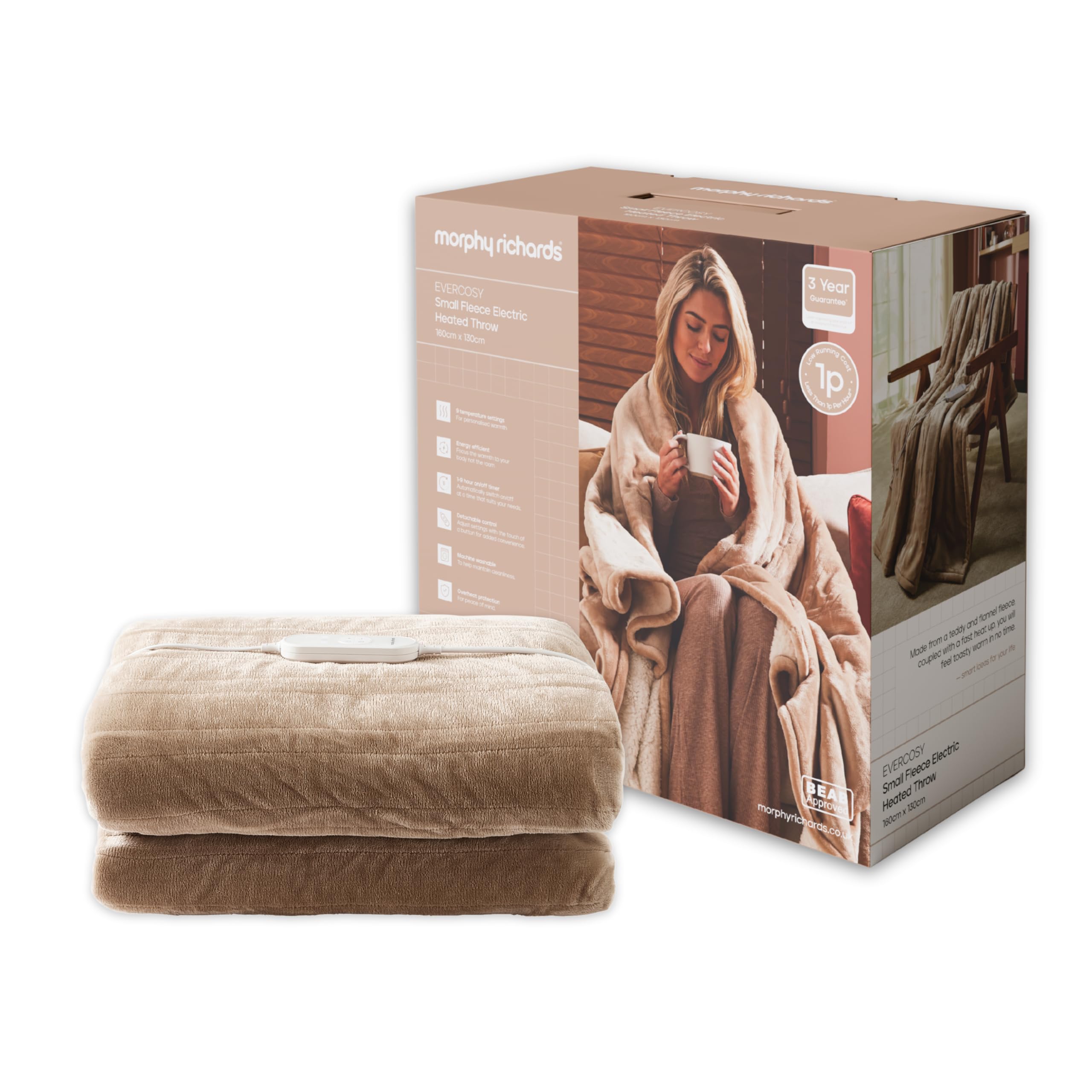 Morphy Richards Mocca Evercosy Fleece Electric Heated Throw Small, 160X130cm, 9 Heat Settings, Detachable, Teddy Fleece And Flannel Fleece, Overheat Protection, 610003