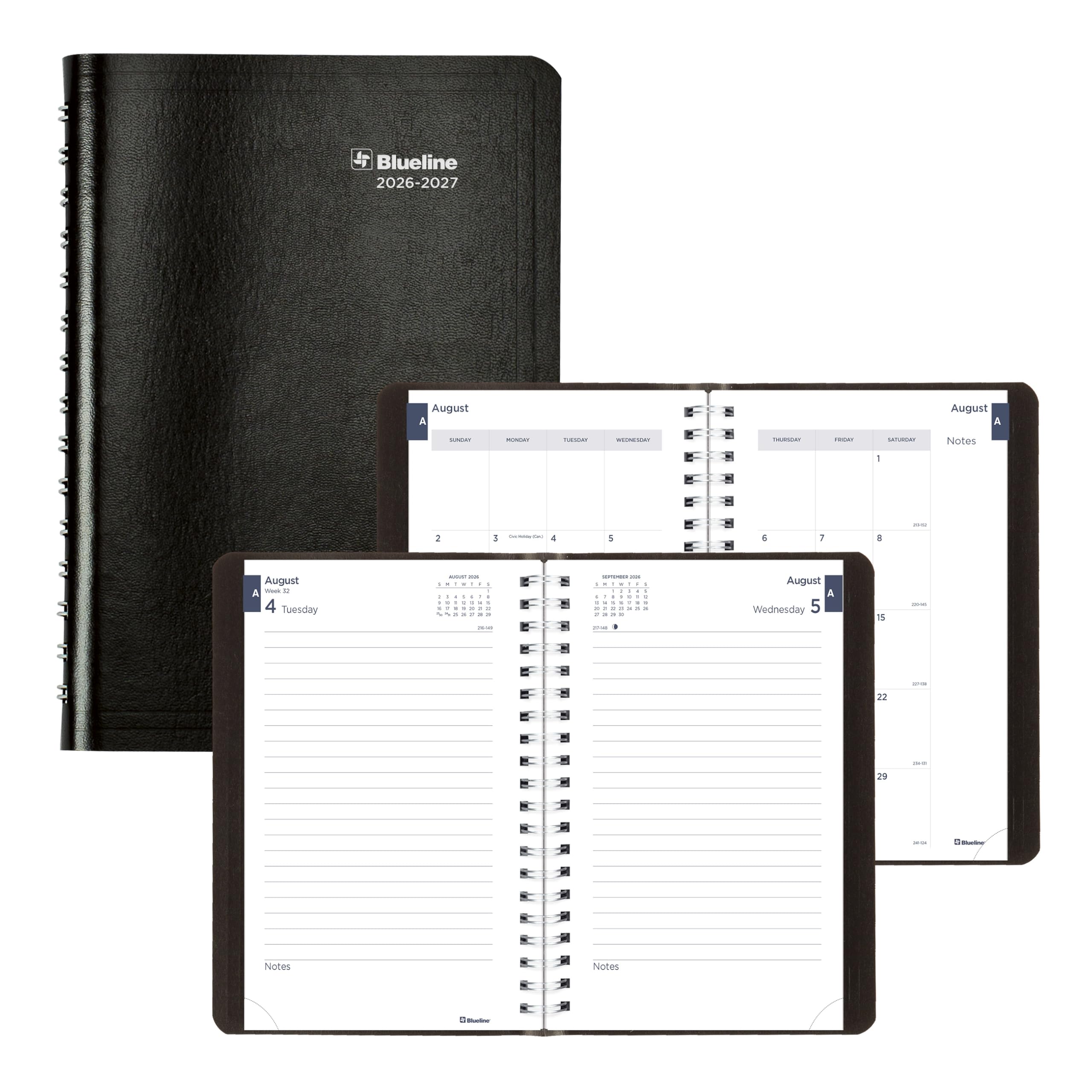 Blueline® Essential - Agenda académica diaria/mensual, agosto de 2026 a julio de 2027, encuadernación de doble alambre, cubierta Vicuana suave, 8 x 5 pulgadas, color negro (CA201.BLK)