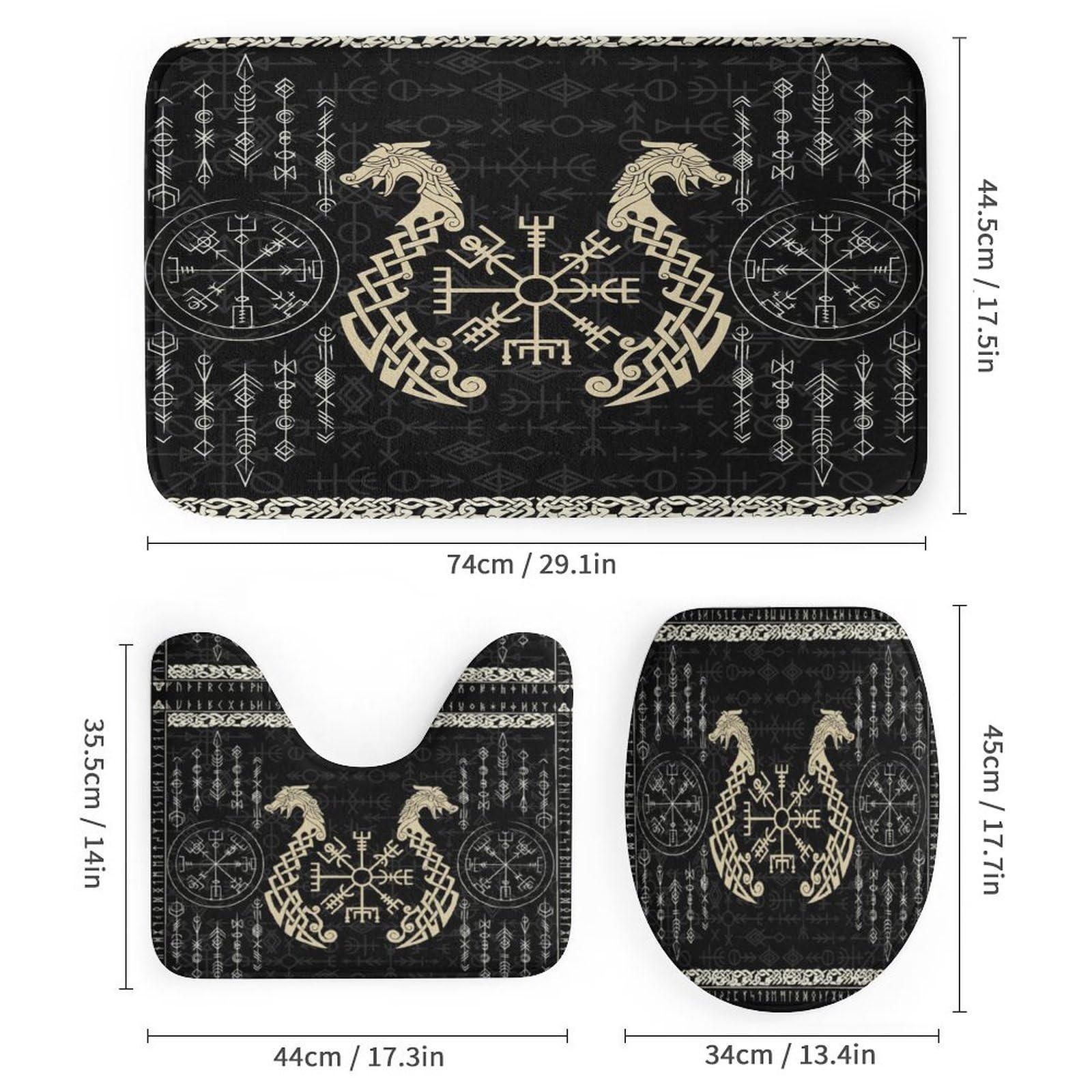Norse Vikings Juego decorativo de baño de 4 piezas, dragón abstracto retro, símbolo místico, brújula, cortina de ducha con alfombra, 12 ganchos, 183 x 183 cm