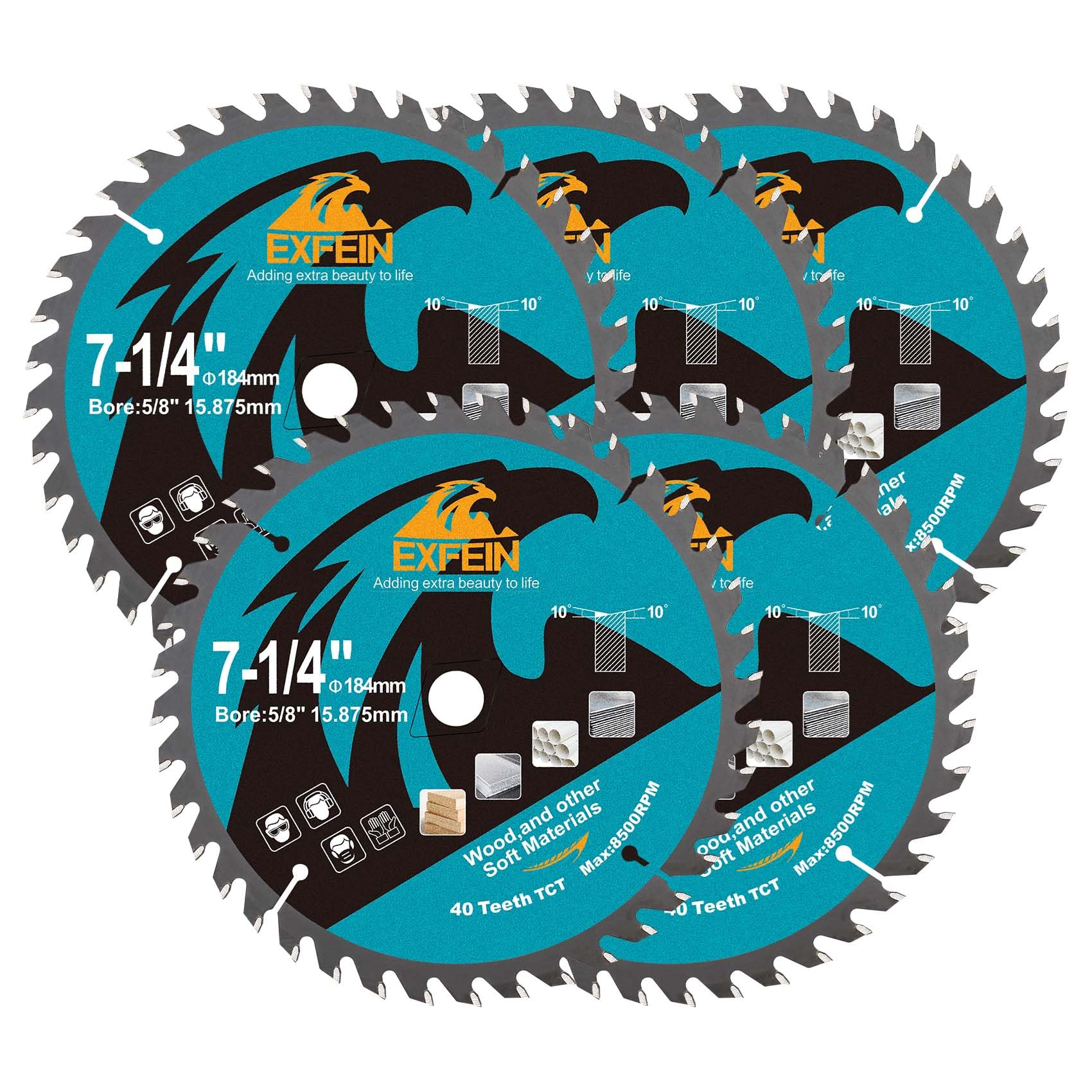 Disco de corte para madera EXFEIN 184 mm 5 piezas - Hoja de sierra circular compacta de dientes de carburo 40T TCT, de uso general para cortar en madera, plástico y materiales compuestos