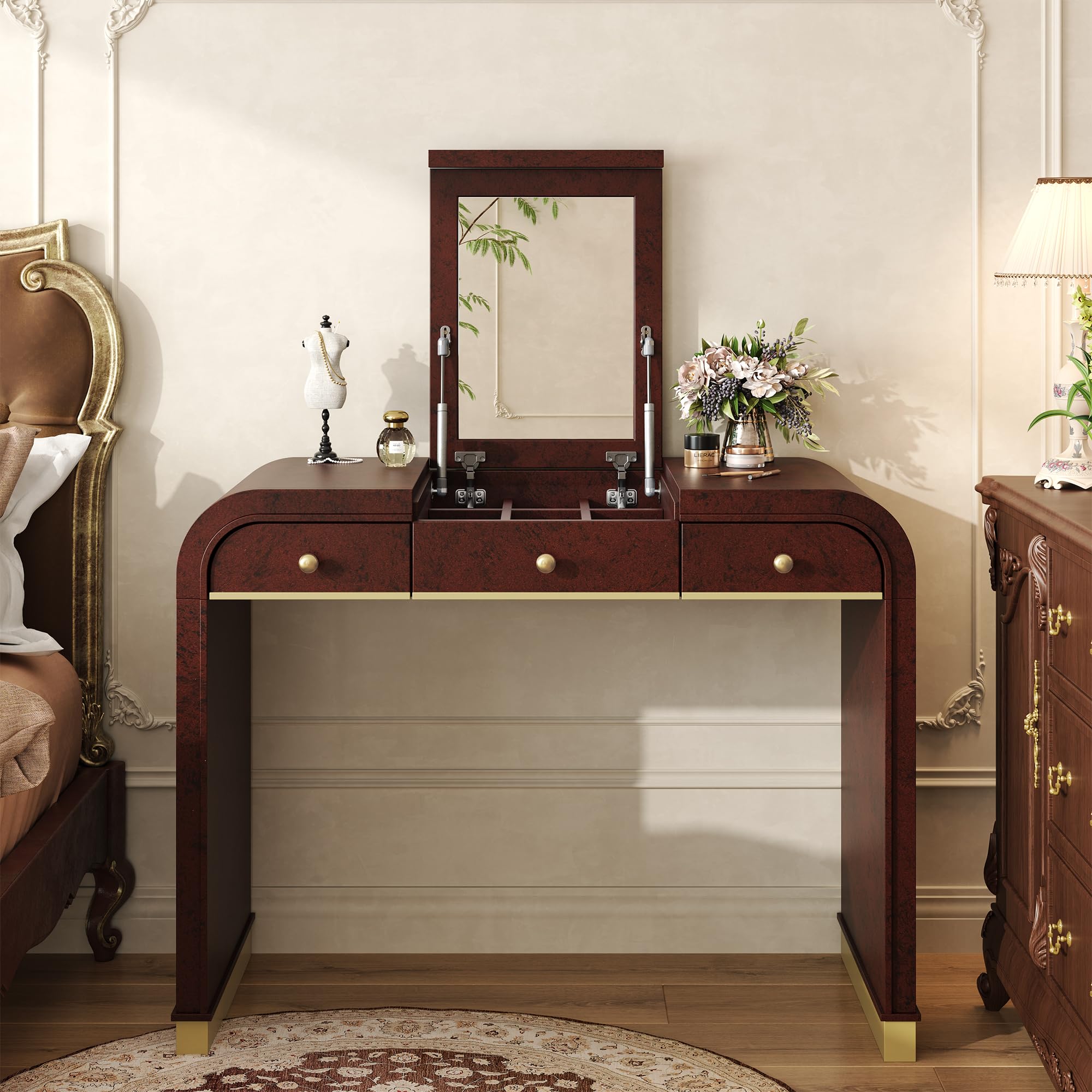 JIVOIT Vintage Vanity Desk with Flip Mirror, Flip-Top Mirror with Hidden Storage, 3-in-1 Wood Dressing Table with 2 Drawers and Storage Space, Easy Assembly (Espresso,44)