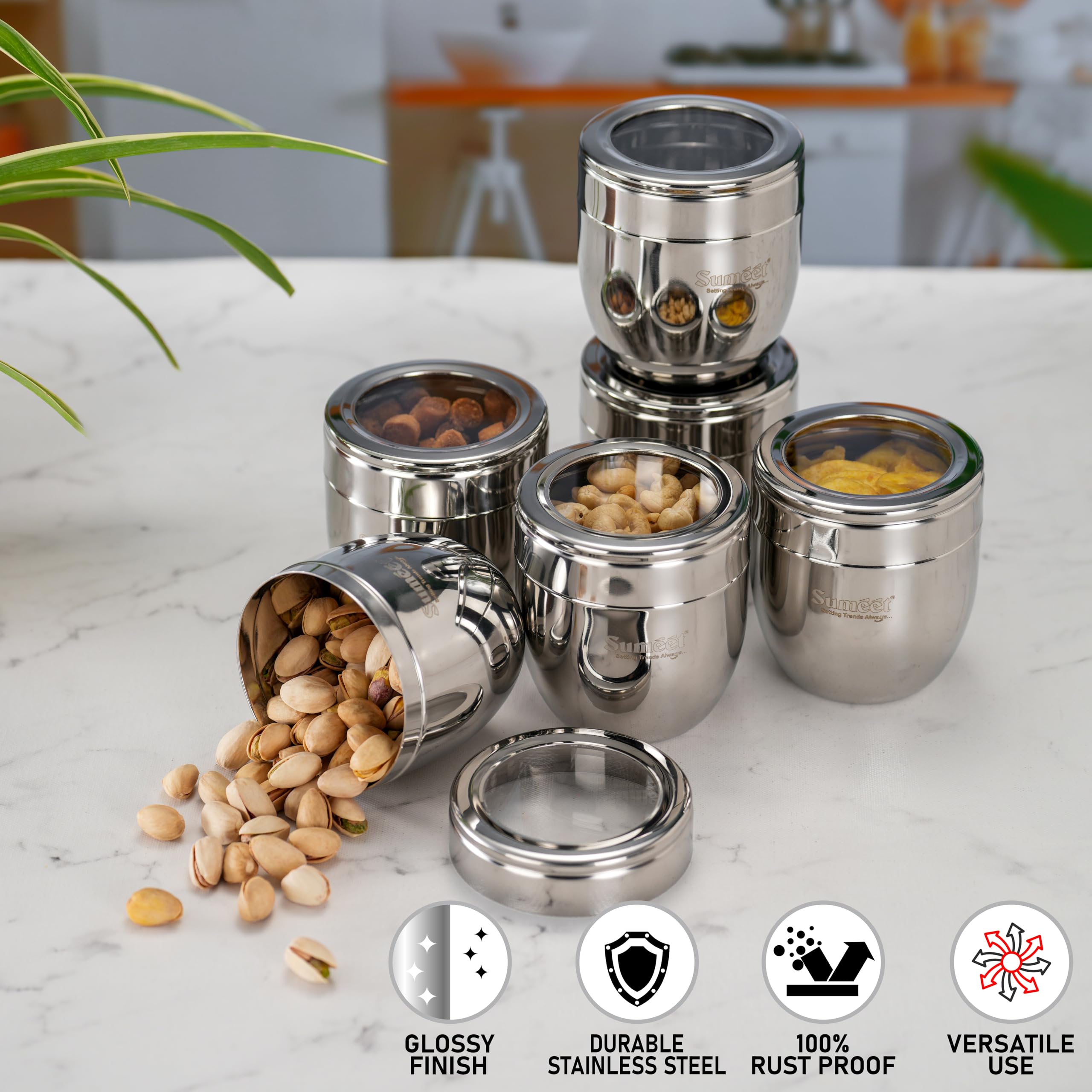 Sumeet Set di 6 contenitori conici in acciaio inox, per cucina con coperchio trasparente, 400 ml ciascuno, diametro 8,5 cm, argento