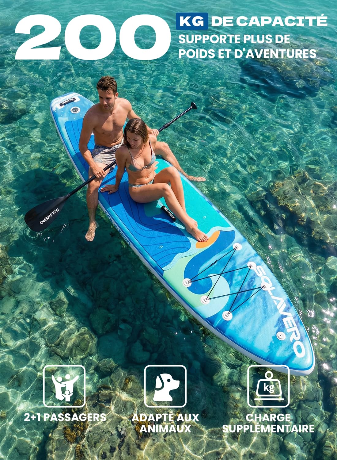 SOLAVERO Paddle Gonflable Adulte, 335 x 83 x 15 cm Stand Up Paddle avec Pont EVA Antidérapant, Pagaie Réglable, 3 Aileron, pour Tous Les Niveaux de Compétence, Jusqu'à 200 kg