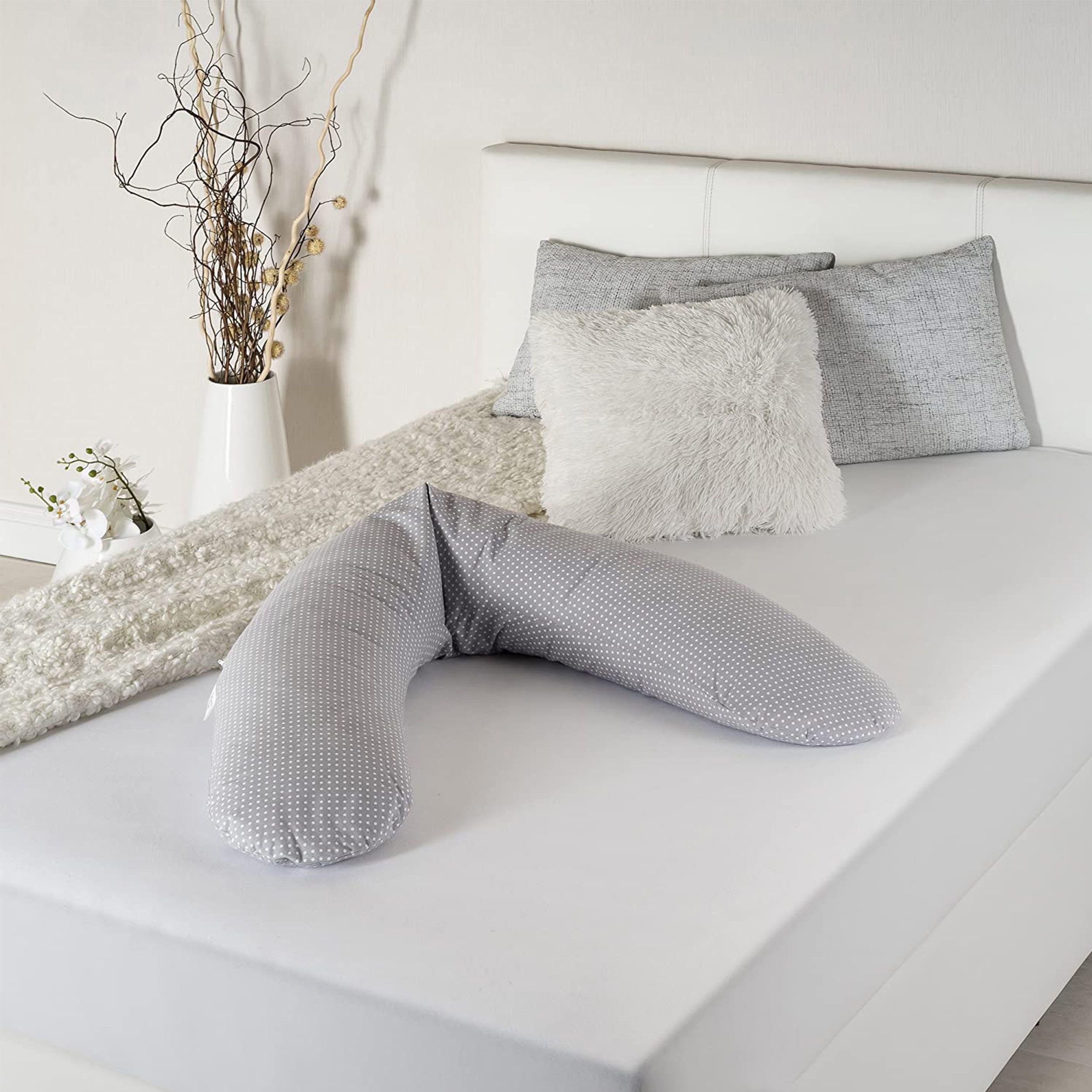 Theraline Stillkissen & Schwangerschaftskissen Dodo Pillow Premium - 180 cm inkl. Bezug aus Baumwolle - Leise und feine Perlen, schadstoffgeprüft, maschinenwaschbar - Punkte Grau