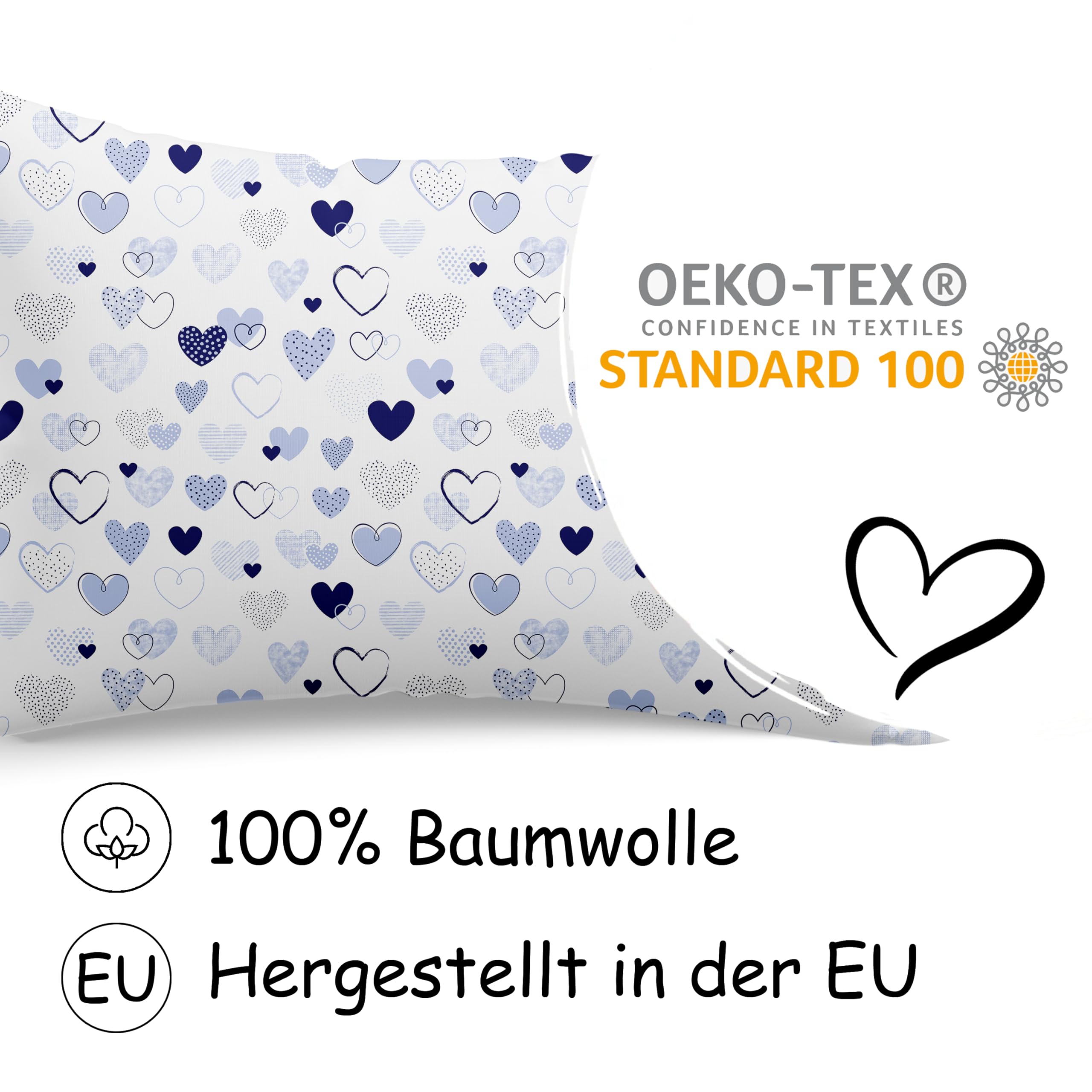 Federa per cuscino 40x60 cm 100% cotone Öko-Tex 100 con chiusura lampo cuori blu