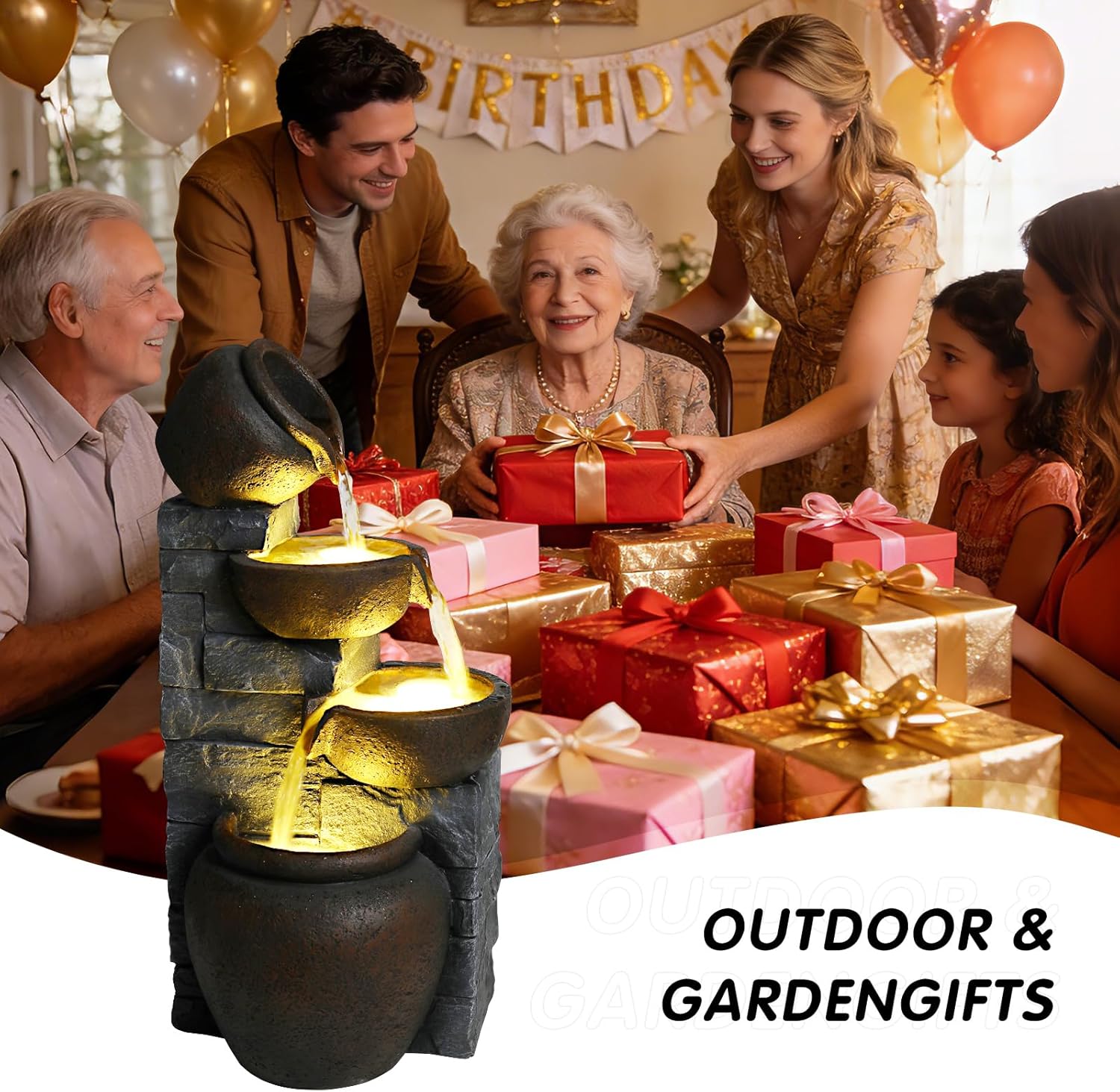 Water Fountain Outdoor Premium Resin 25.6” H, Cascading Cup Modern Garden Water Feature for Patio Yard Indoor & Outdoor Decor, Ideal Gift for Housewarming & Garden Lovers