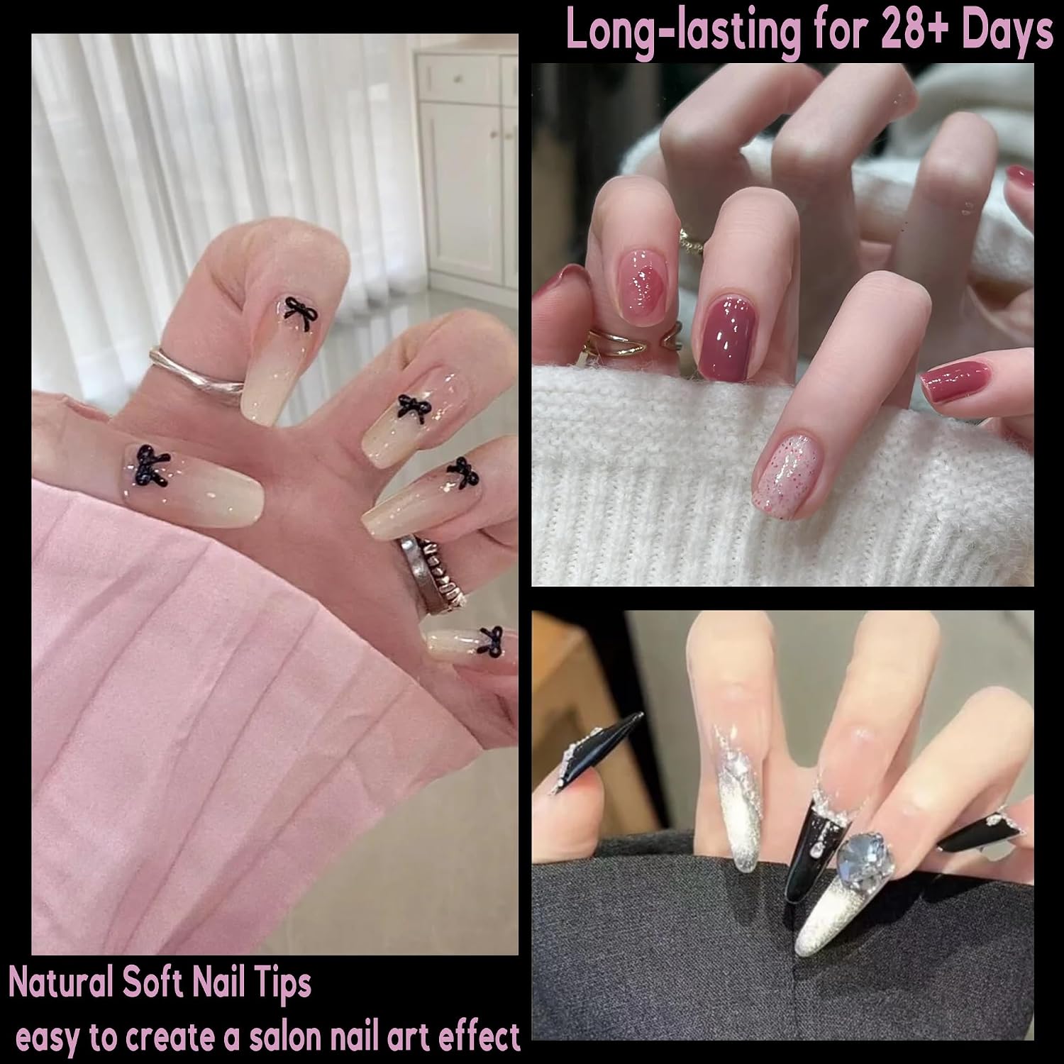 1000PCS Nail Tips Fake Nails Tips Clear Acrylic Nails 10 Size 4 Shapes Medium Alomond Coffin Extra Short Almond Coffin Nails Salon DIY Gift for Women