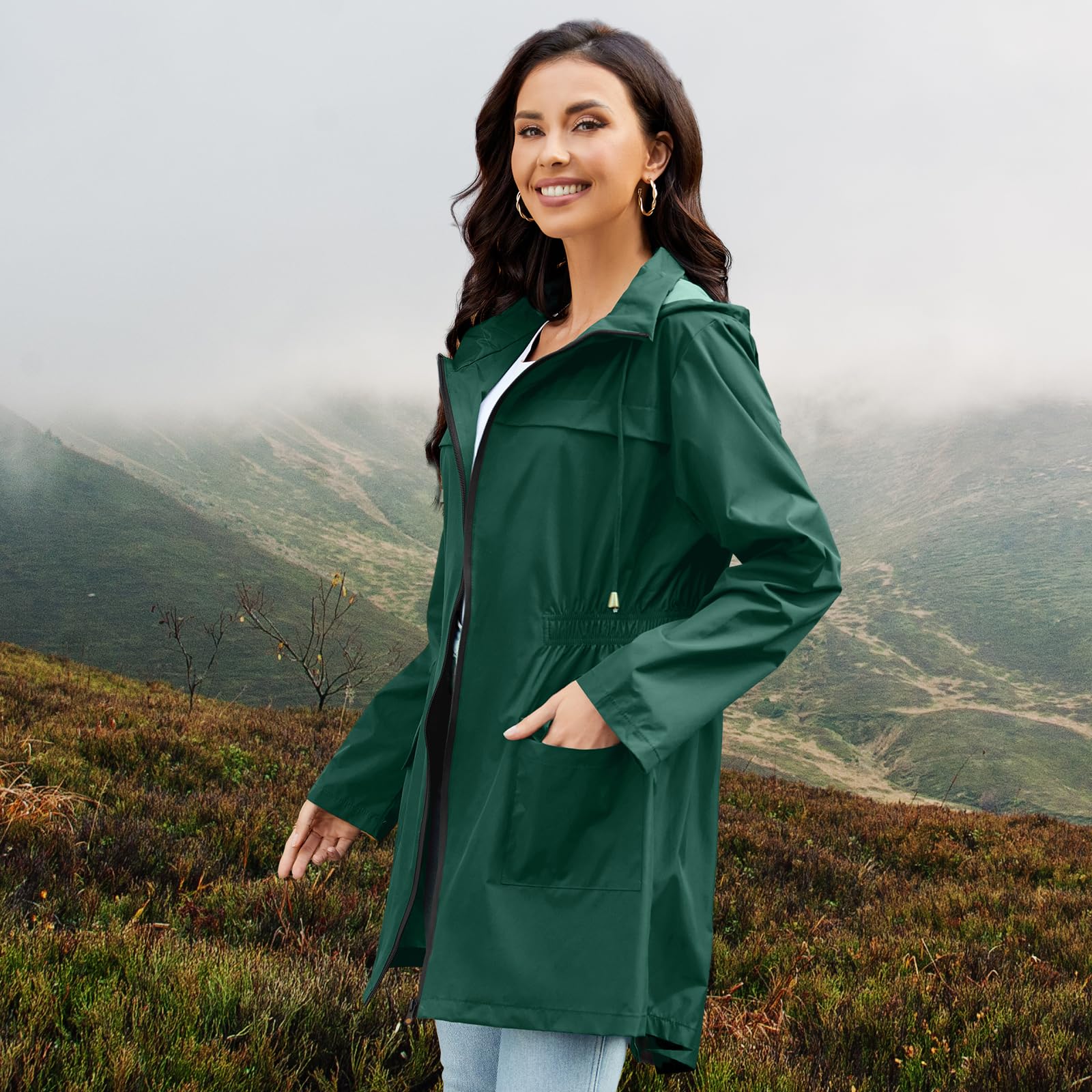 PONCEAU Damen Regenjacke Wasserdicht & Atmungsaktiv, Leichter Fahrrad Windbreaker mit Kapuze, Faltbare Übergangsjacke/Softshelljacke für Wandern, Reisen