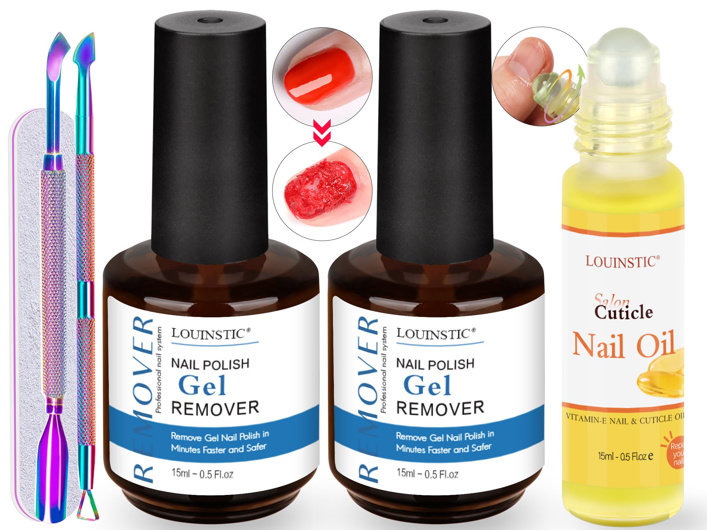 Gel Nail Polish Remover,2PCS/45ML,Quickly and Easily Remove Gel Polish at Home,Contains Roll-on Cuticle Oil,2X Cuticle Pusher and Nail File, Not Damage to Nails,No Need to Wrap or Soak